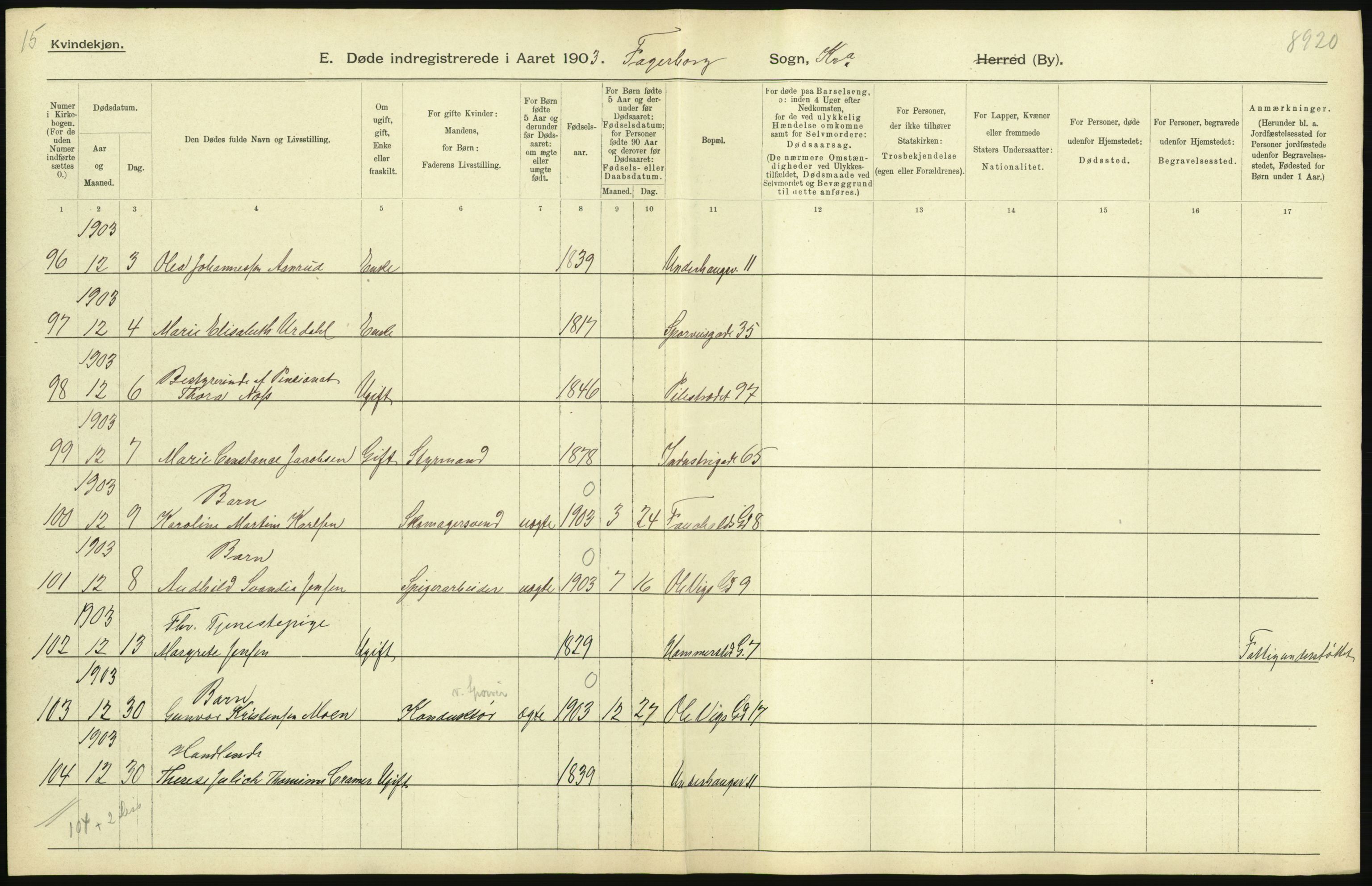 Statistisk sentralbyrå, Sosiodemografiske emner, Befolkning, AV/RA-S-2228/D/Df/Dfa/Dfaa/L0004: Kristiania: Gifte, døde, 1903, s. 31