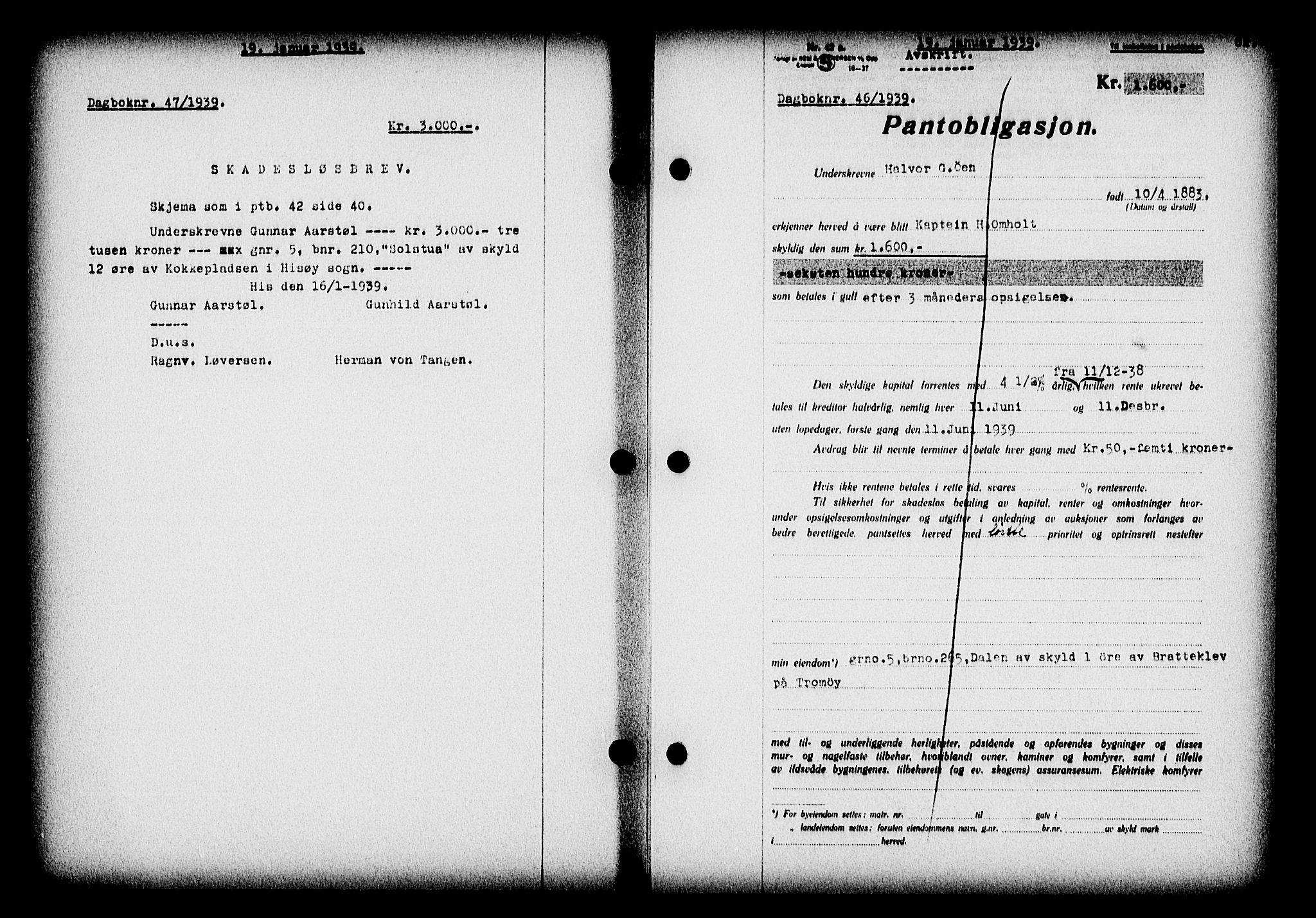 Nedenes sorenskriveri, SAK/1221-0006/G/Gb/Gba/L0046: Pantebok nr. 42, 1938-1939, Dagboknr: 46/1939