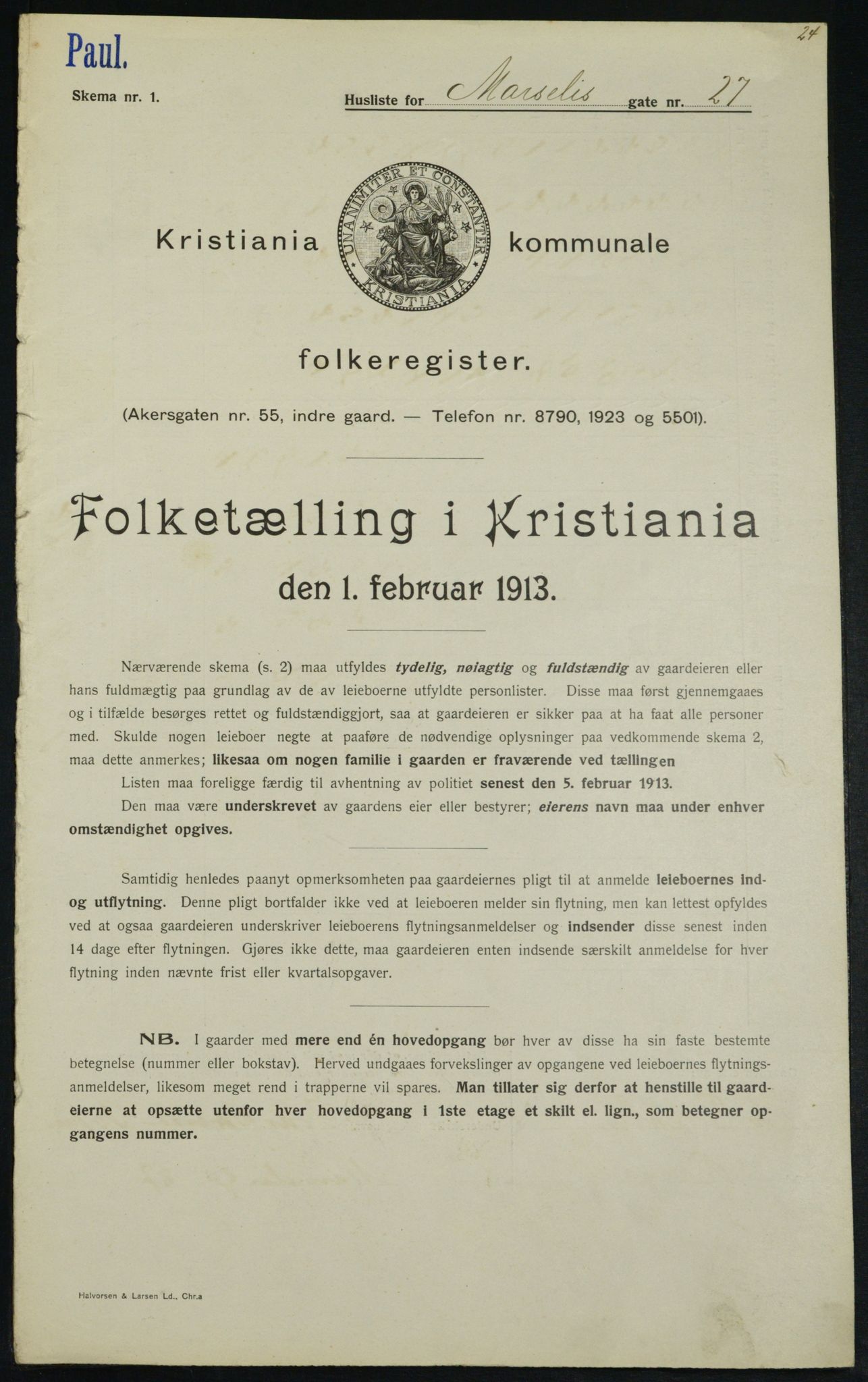 OBA, Kommunal folketelling 1.2.1913 for Kristiania, 1913, s. 64276