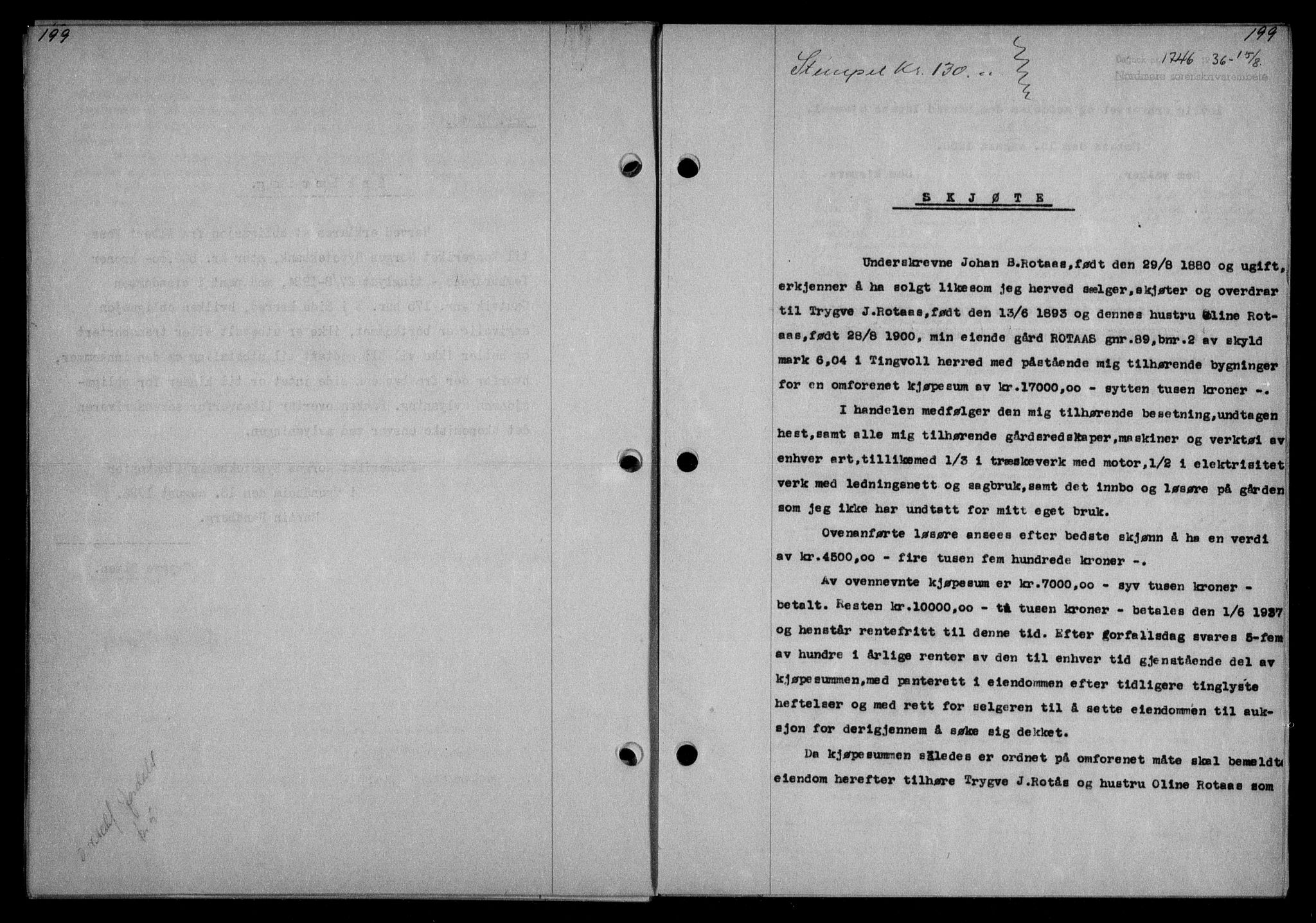 Nordmøre sorenskriveri, AV/SAT-A-4132/1/2/2Ca/L0089: Pantebok nr. 79, 1936-1936, Dagboknr: 1746/1936