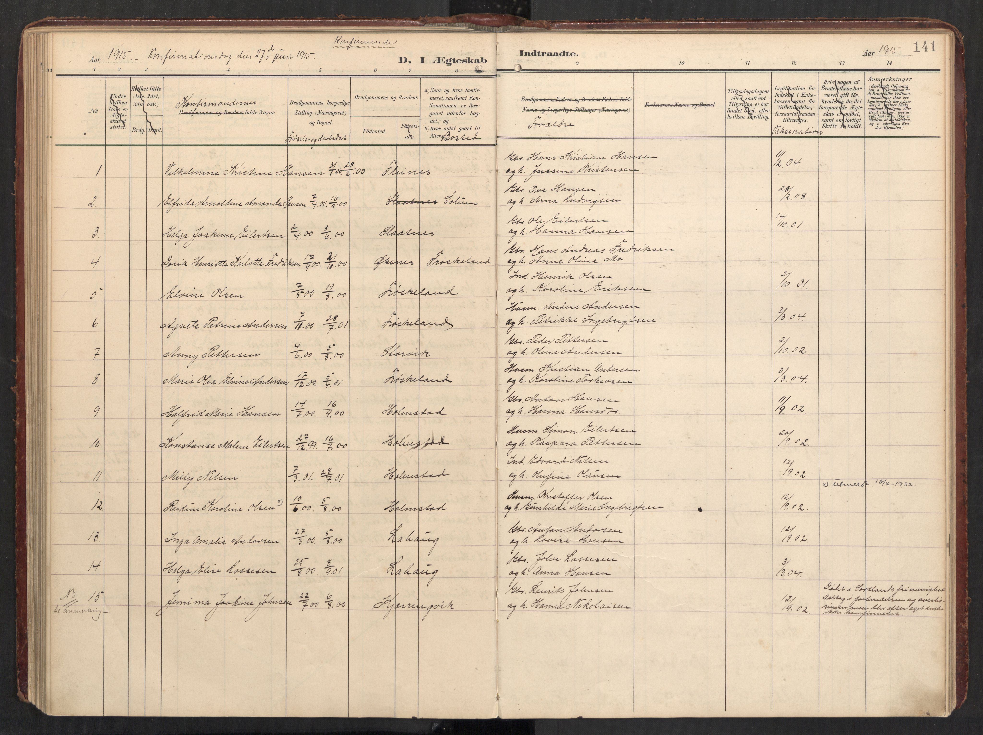 Ministerialprotokoller, klokkerbøker og fødselsregistre - Nordland, AV/SAT-A-1459/890/L1287: Ministerialbok nr. 890A02, 1903-1915, s. 141