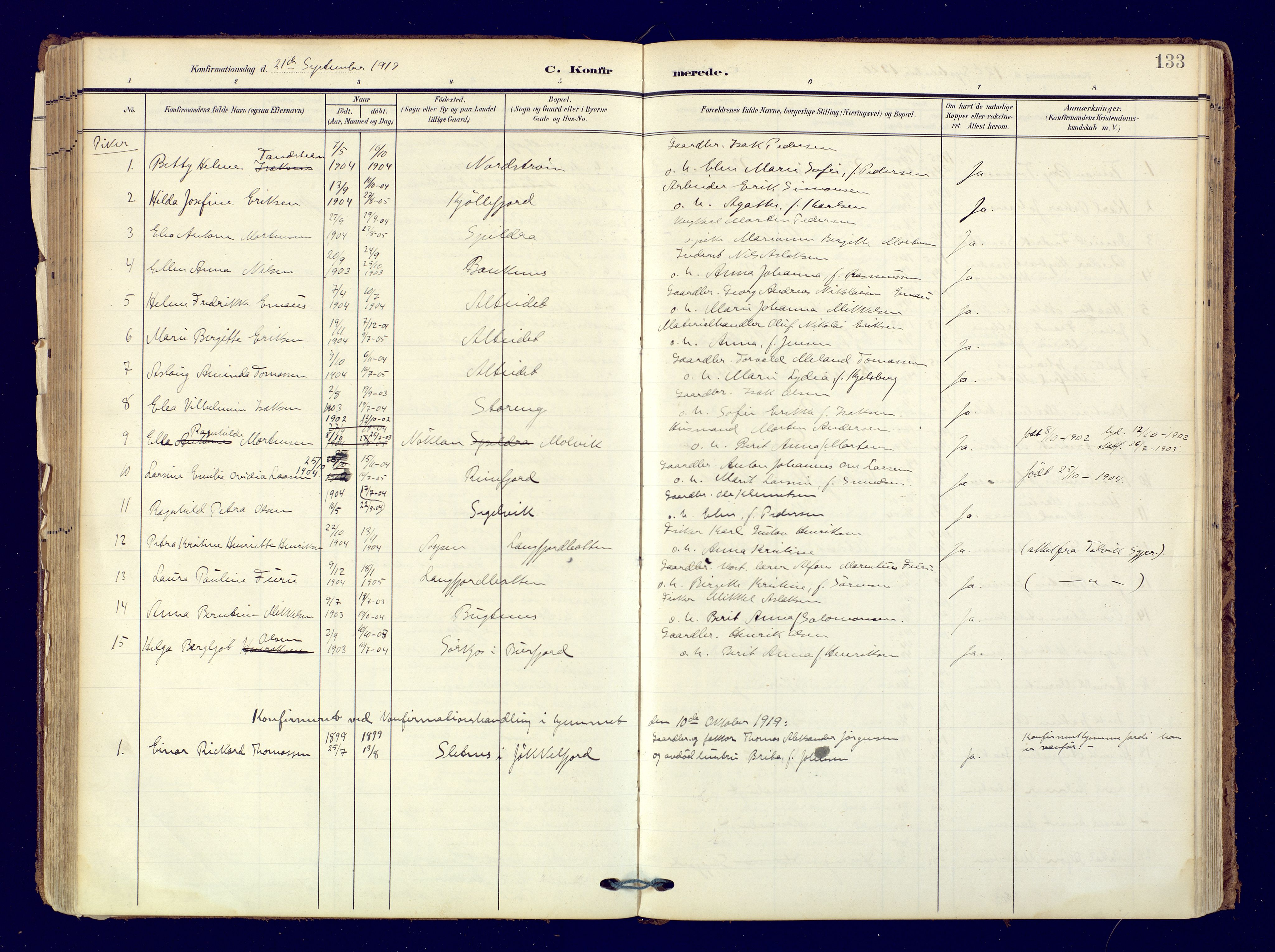 Skjervøy sokneprestkontor, AV/SATØ-S-1300/H/Ha/Haa: Ministerialbok nr. 19, 1908-1936, s. 133