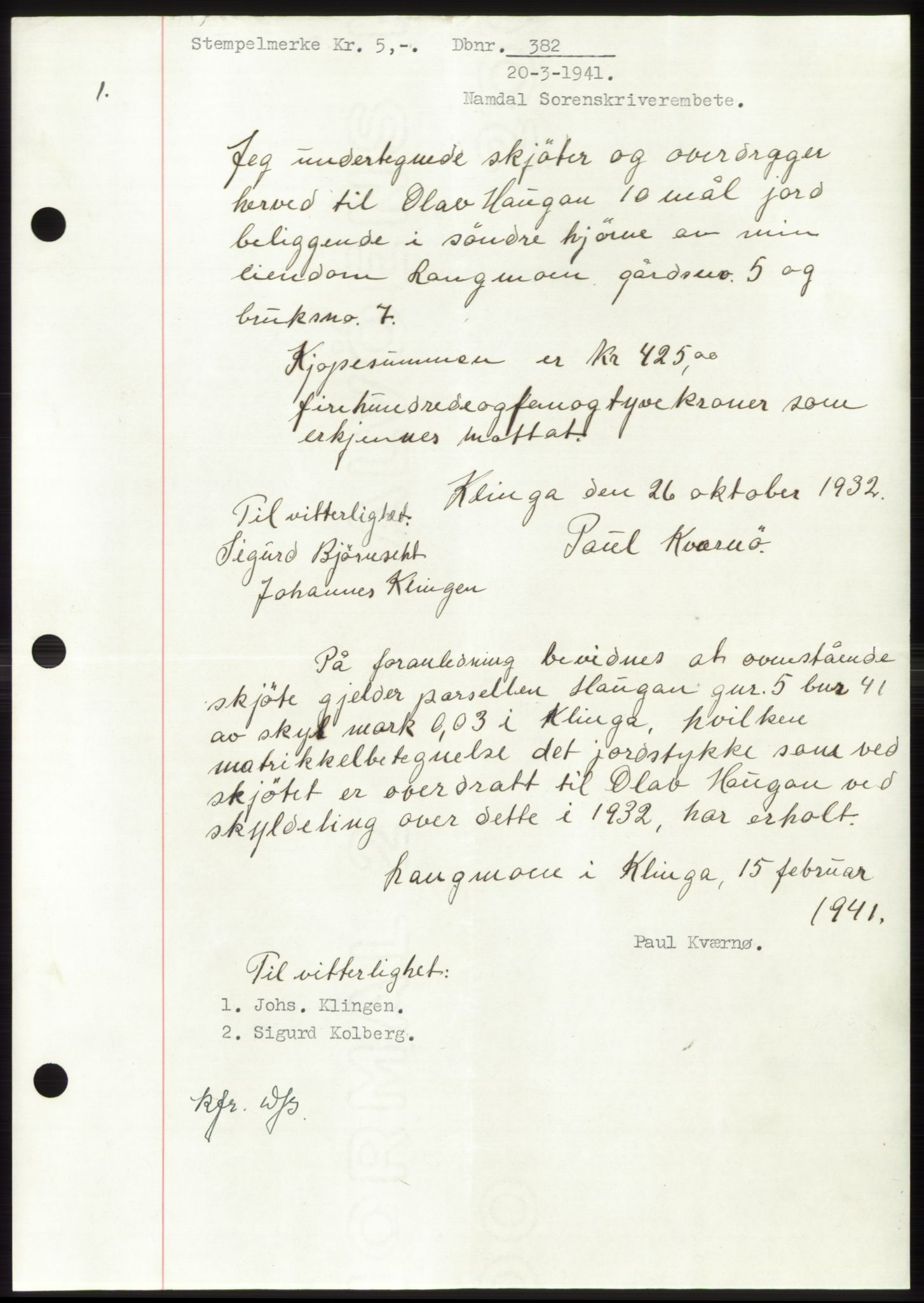 Namdal sorenskriveri, SAT/A-4133/1/2/2C: Pantebok nr. -, 1940-1941, Tingl.dato: 20.03.1941