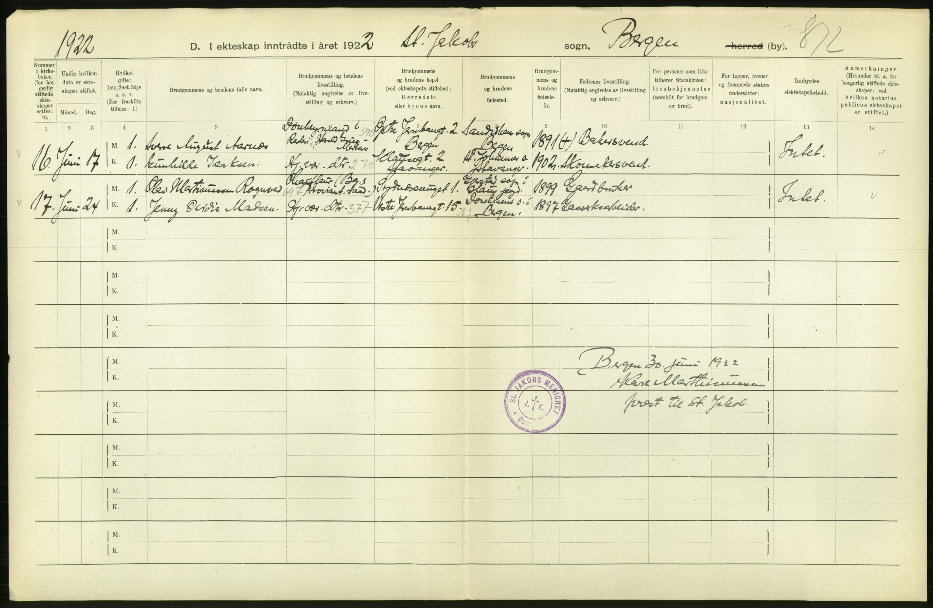 Statistisk sentralbyrå, Sosiodemografiske emner, Befolkning, AV/RA-S-2228/D/Df/Dfc/Dfcb/L0030: Bergen: Gifte, døde, dødfødte., 1922, s. 20
