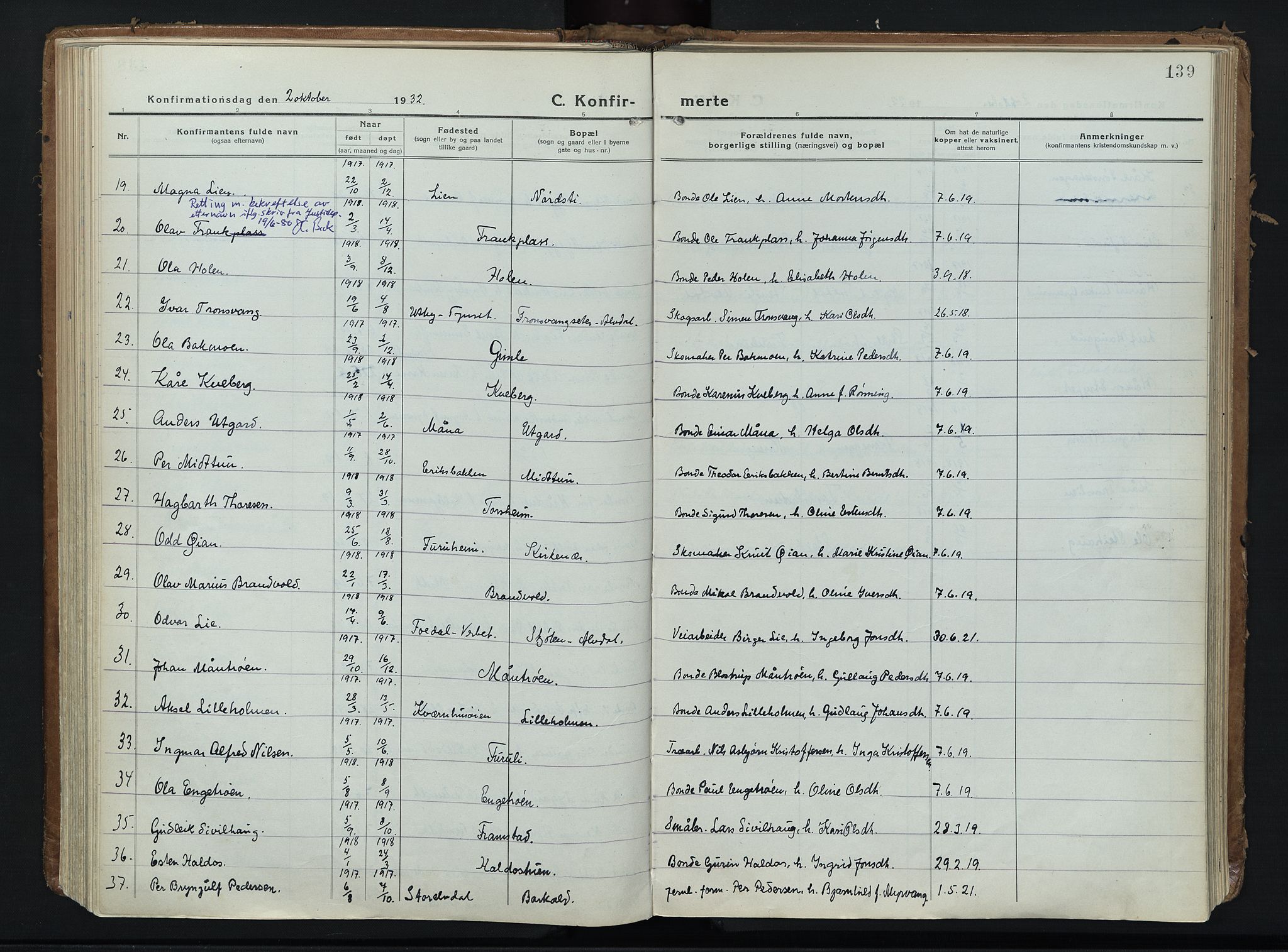 Alvdal prestekontor, AV/SAH-PREST-060/H/Ha/Haa/L0006: Ministerialbok nr. 6, 1920-1937, s. 139