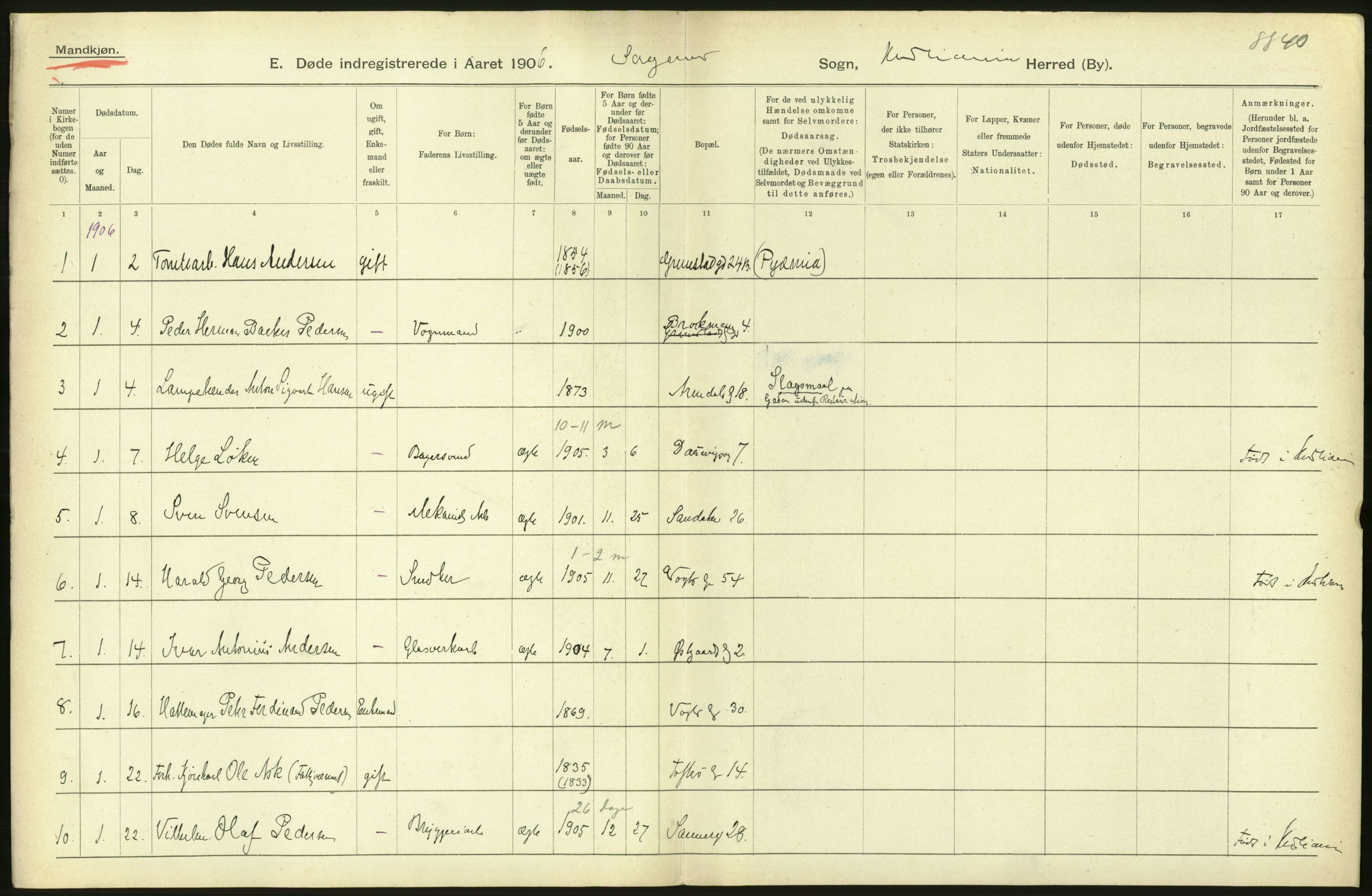 Statistisk sentralbyrå, Sosiodemografiske emner, Befolkning, AV/RA-S-2228/D/Df/Dfa/Dfad/L0010: Kristiania: Døde, dødfødte, 1906, s. 292