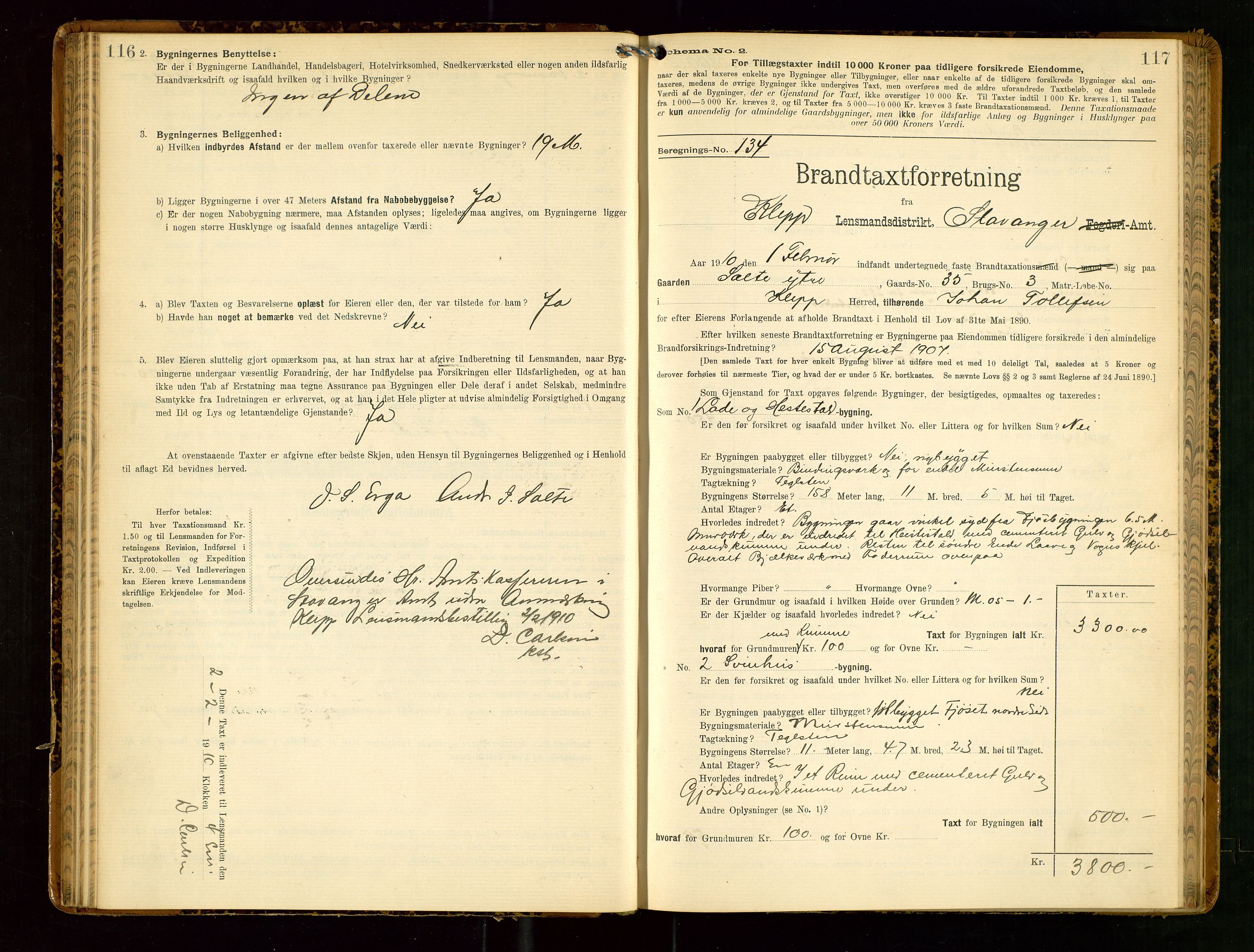 Klepp lensmannskontor, AV/SAST-A-100163/Goc/L0006: "Brandtaxationsprotokol" m/register, 1908-1912, s. 116-117