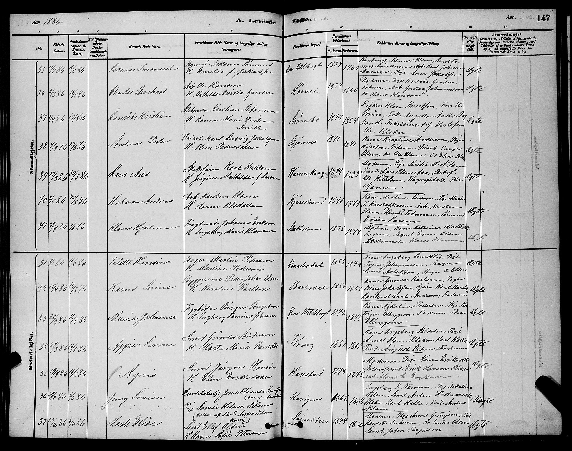 Barbu sokneprestkontor, AV/SAK-1111-0003/F/Fb/L0001: Klokkerbok nr. B 1, 1878-1890, s. 147