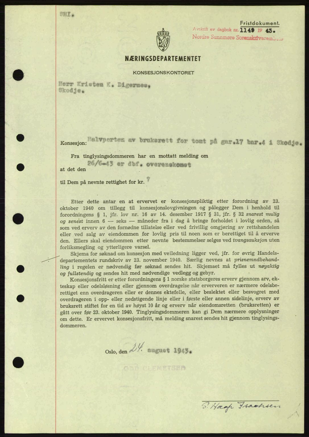 Nordre Sunnmøre sorenskriveri, AV/SAT-A-0006/1/2/2C/2Ca: Pantebok nr. B6-14 a, 1942-1945, Dagboknr: 1149/1943