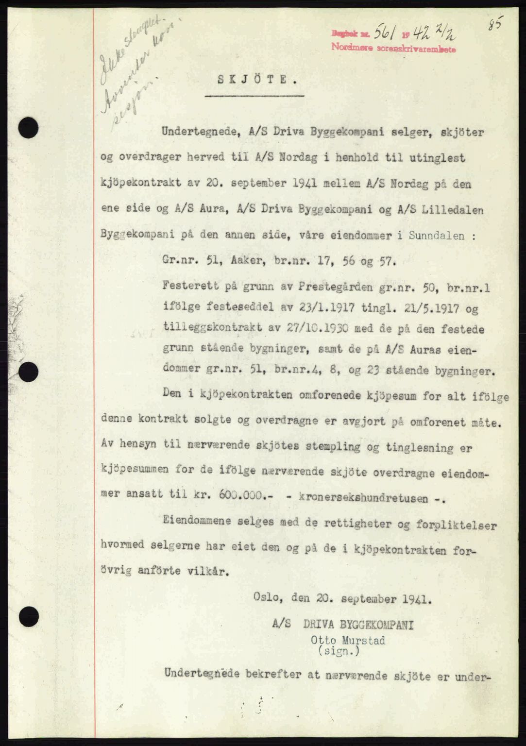 Nordmøre sorenskriveri, SAT/A-4132/1/2/2Ca: Pantebok nr. A92, 1942-1942, Dagboknr: 561/1942