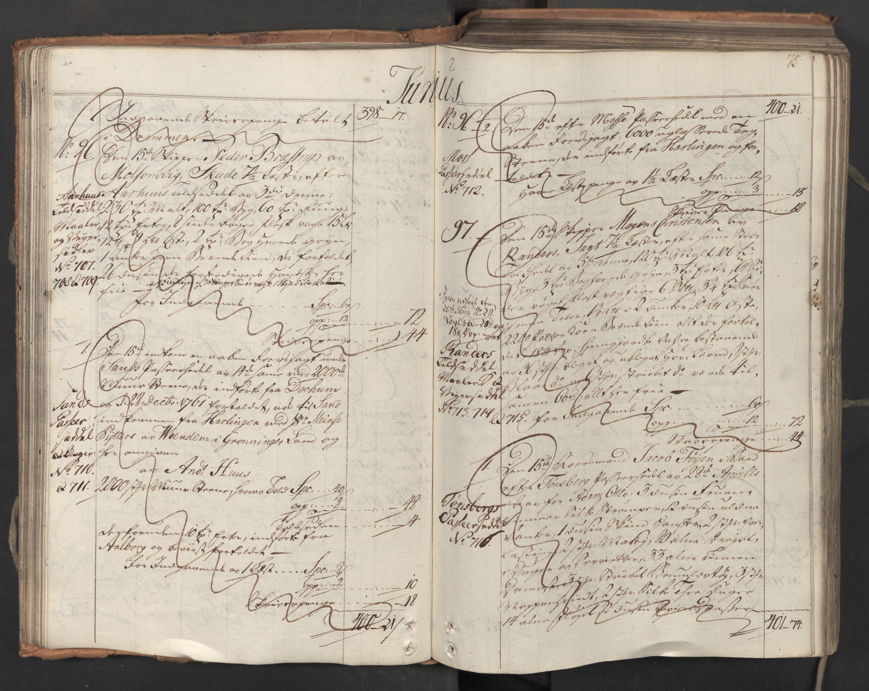 Generaltollkammeret, tollregnskaper, AV/RA-EA-5490/R06/L0062/0001: Tollregnskaper Kristiania / Inngående hovedtollbok, 1762, s. 74b-75a