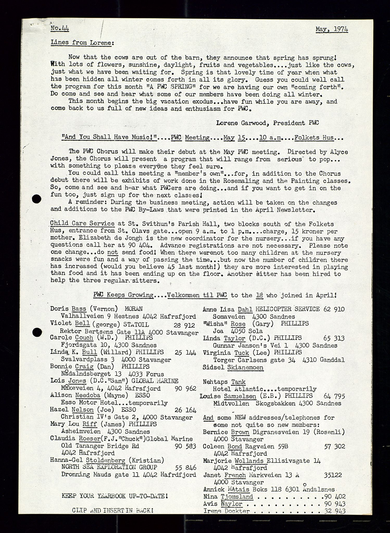 PA 1547 - Petroleum Wives Club, AV/SAST-A-101974/X/Xa/L0001: Newsletters (1971-1978)/radiointervjuer på kasett (1989-1992), 1970-1978