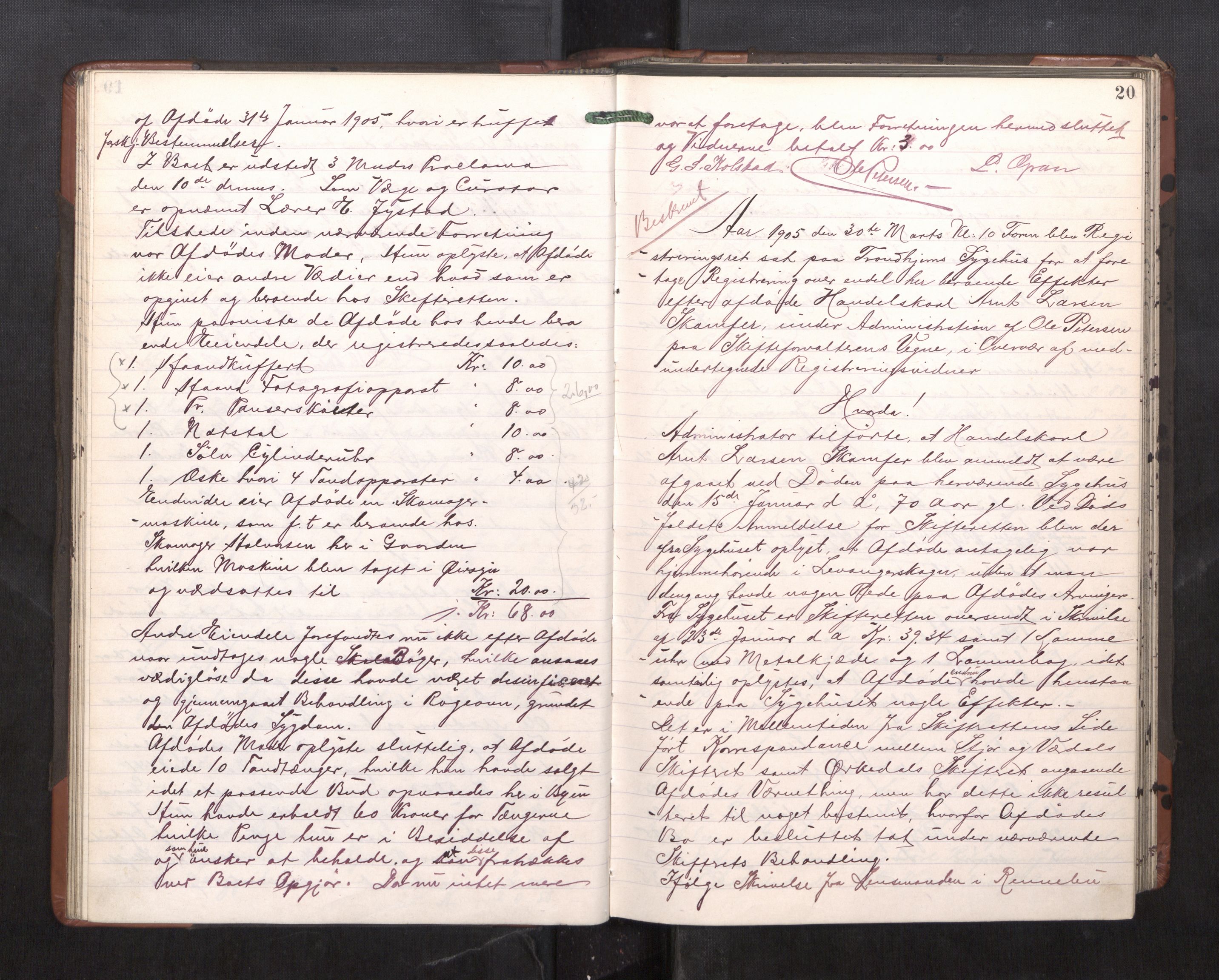 Trondheim byfogd, AV/SAT-A-0003/1/3/3C/L0023: Skifteregistreringsprotokoll - 11/2-15/5. (u/ register), 1905-1907, s. 20