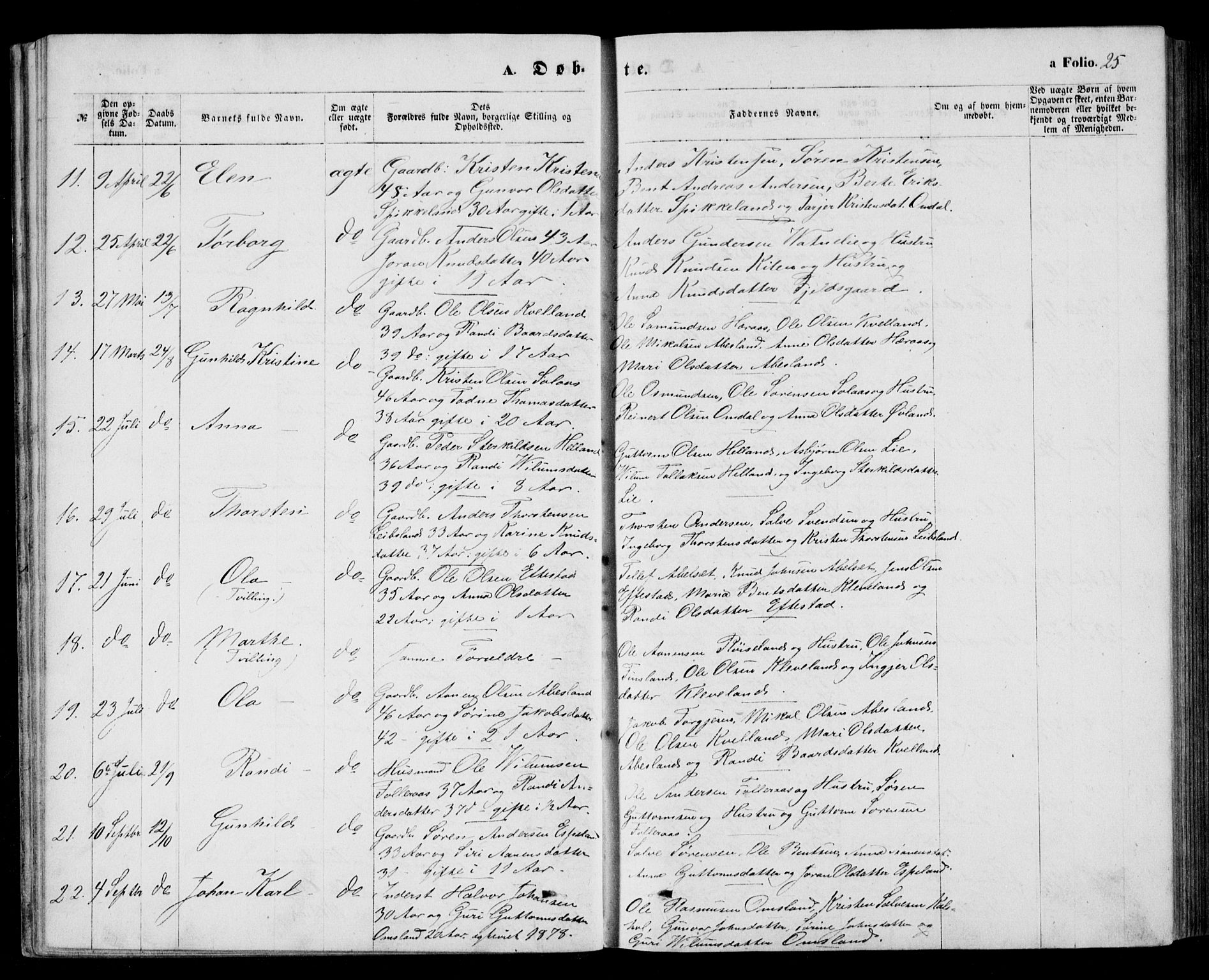 Bjelland sokneprestkontor, AV/SAK-1111-0005/F/Fb/Fbb/L0004: Klokkerbok nr. B 4, 1867-1887, s. 25