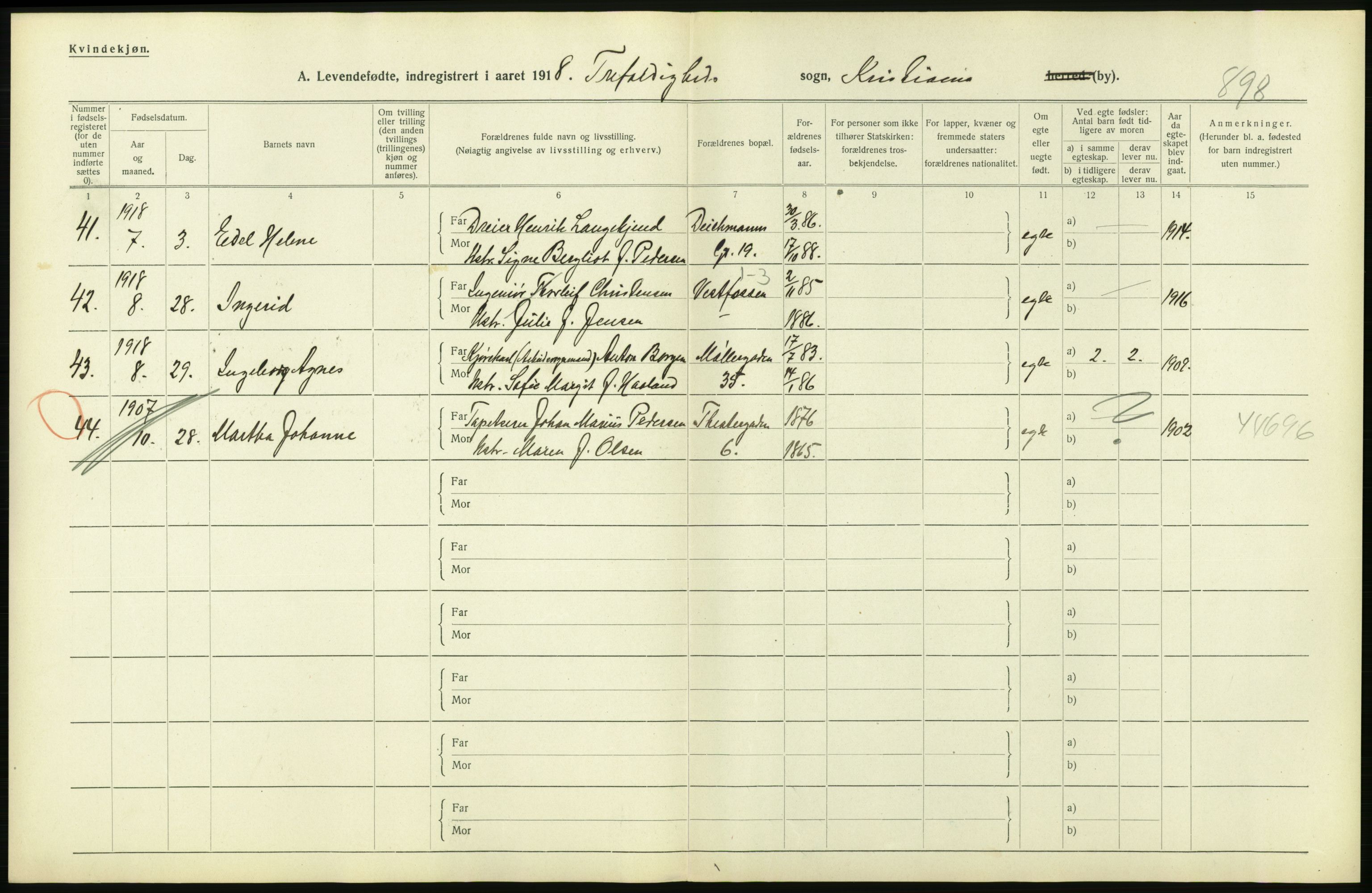 Statistisk sentralbyrå, Sosiodemografiske emner, Befolkning, AV/RA-S-2228/D/Df/Dfb/Dfbh/L0008: Kristiania: Levendefødte menn og kvinner., 1918, s. 294