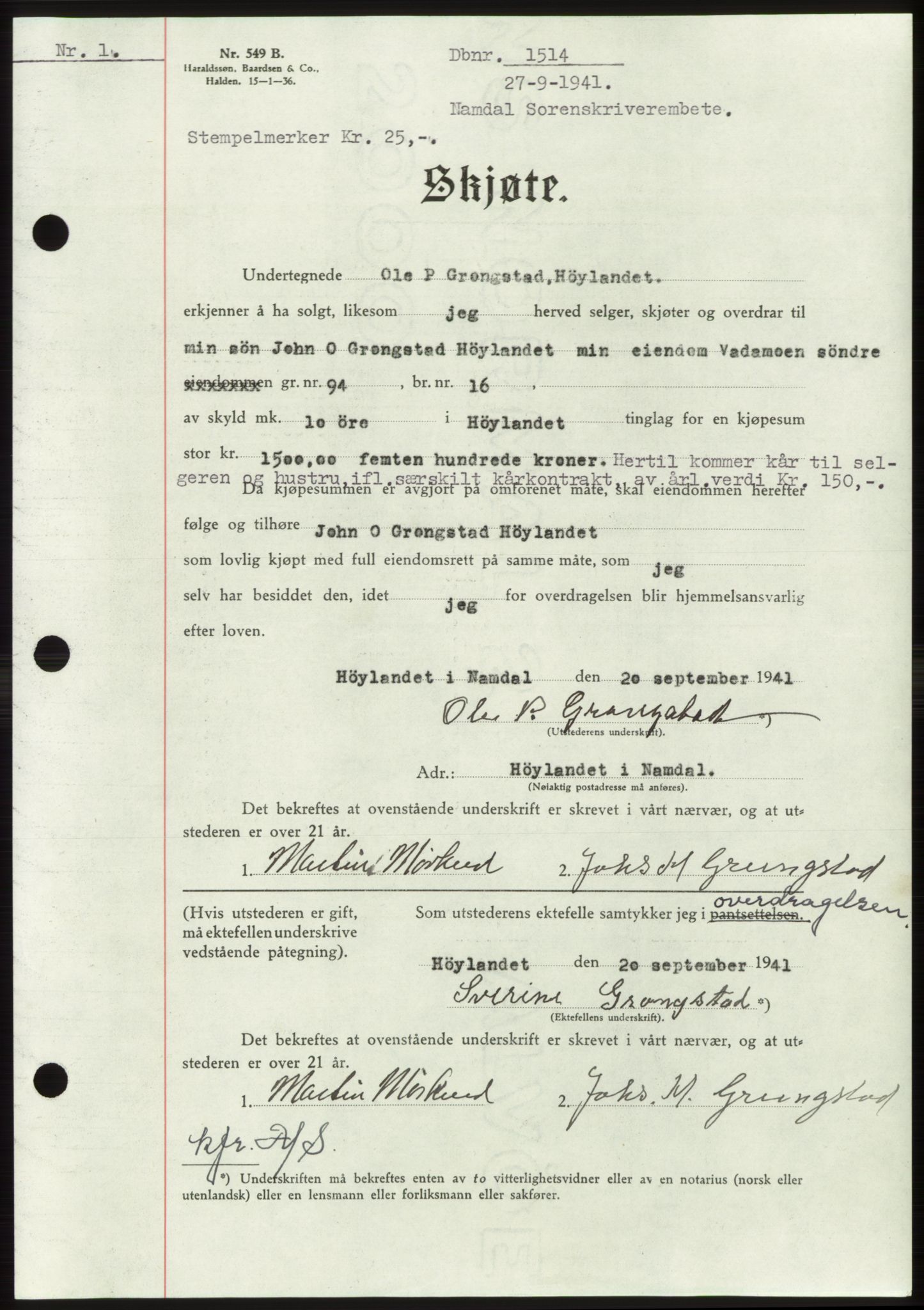 Namdal sorenskriveri, SAT/A-4133/1/2/2C: Pantebok nr. -, 1941-1942, Dagboknr: 1514/1941