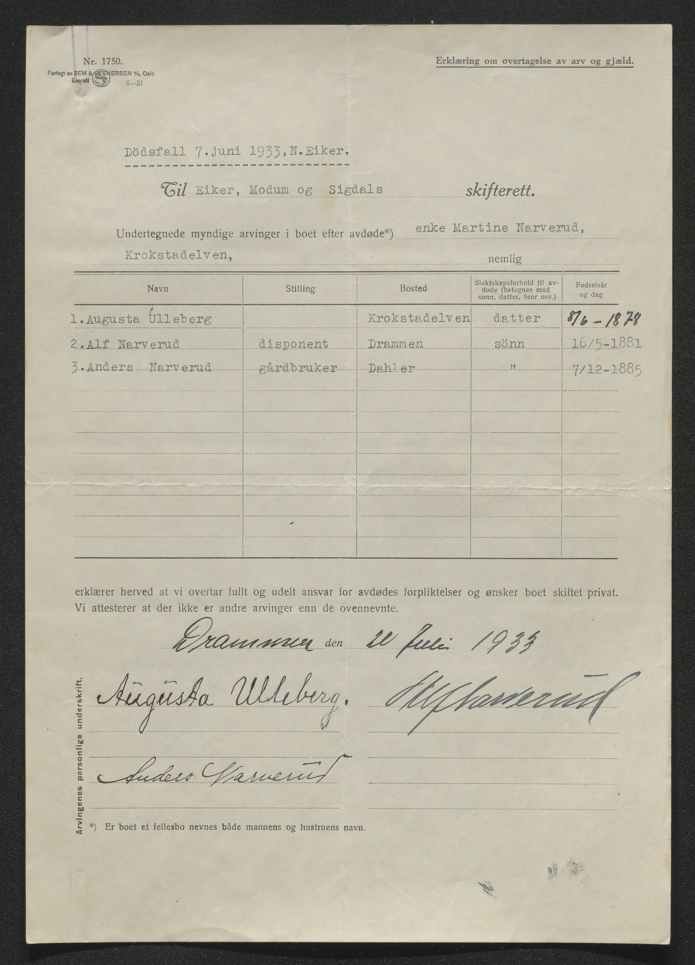 Eiker, Modum og Sigdal sorenskriveri, AV/SAKO-A-123/H/Ha/Hab/L0048: Dødsfallsmeldinger, 1933, s. 476