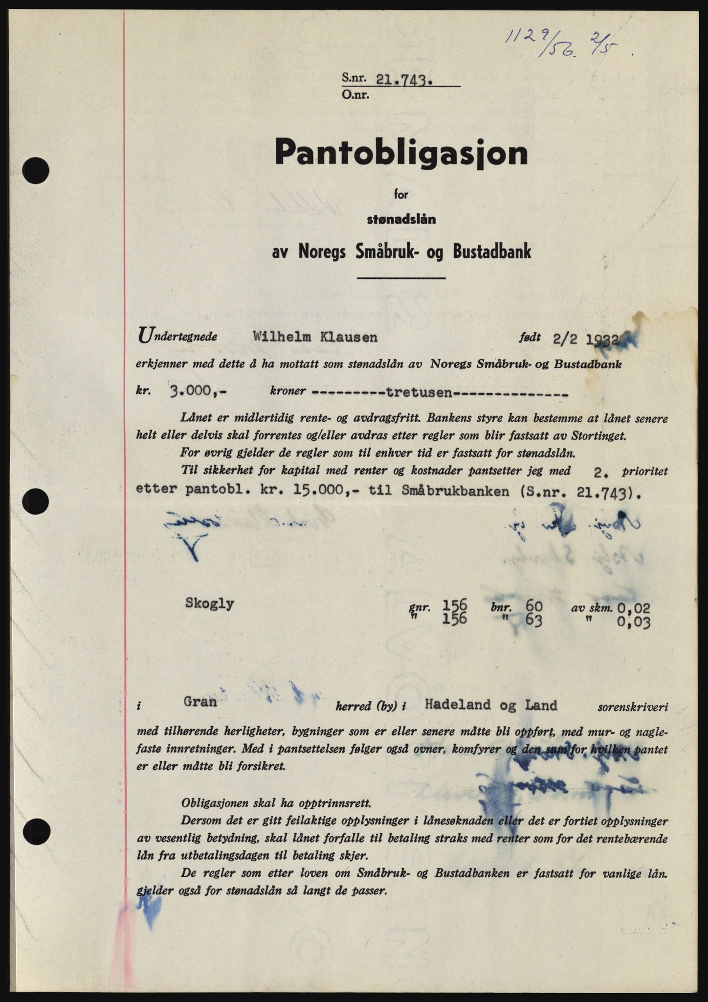 Hadeland og Land tingrett, AV/SAH-TING-010/H/Hb/Hbc/L0034: Pantebok nr. B34, 1956-1956, Dagboknr: 1129/1956