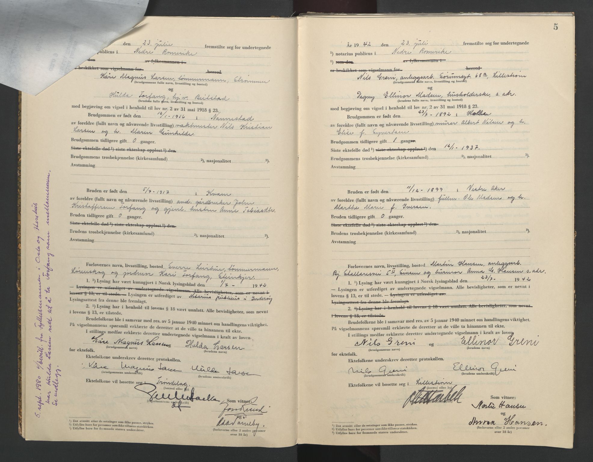 Nedre Romerike sorenskriveri, SAO/A-10469/L/Lb/L0003: Vigselsbok - borgerlige vielser, 1942-1943, s. 5