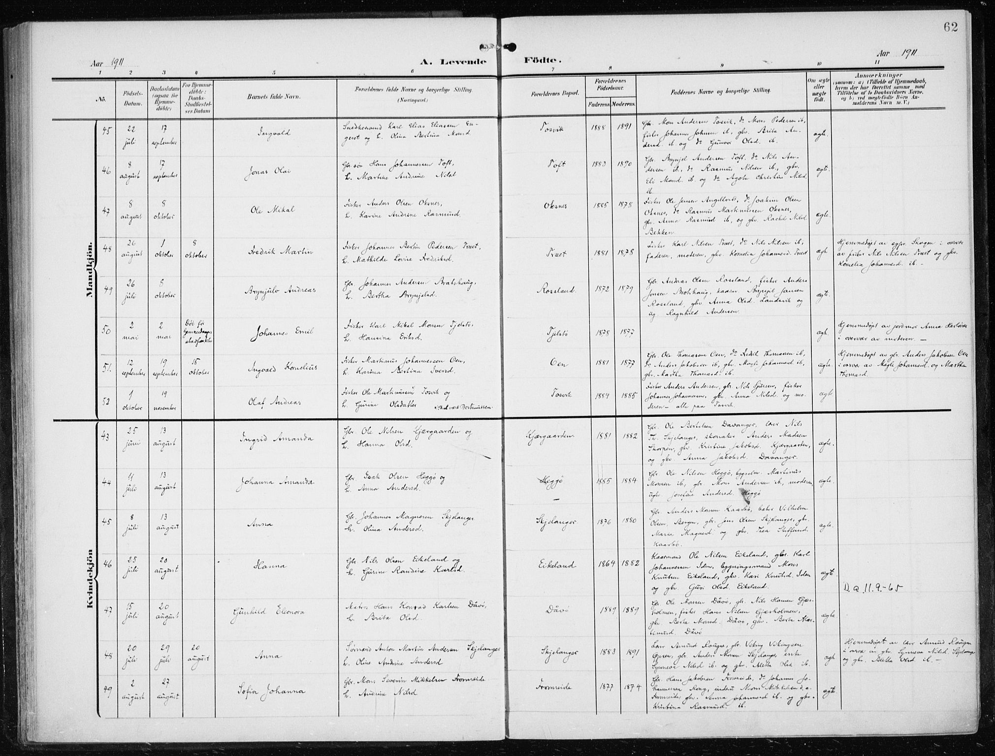 Herdla Sokneprestembete, AV/SAB-A-75701/H/Haa: Ministerialbok nr. A 5, 1905-1918, s. 62