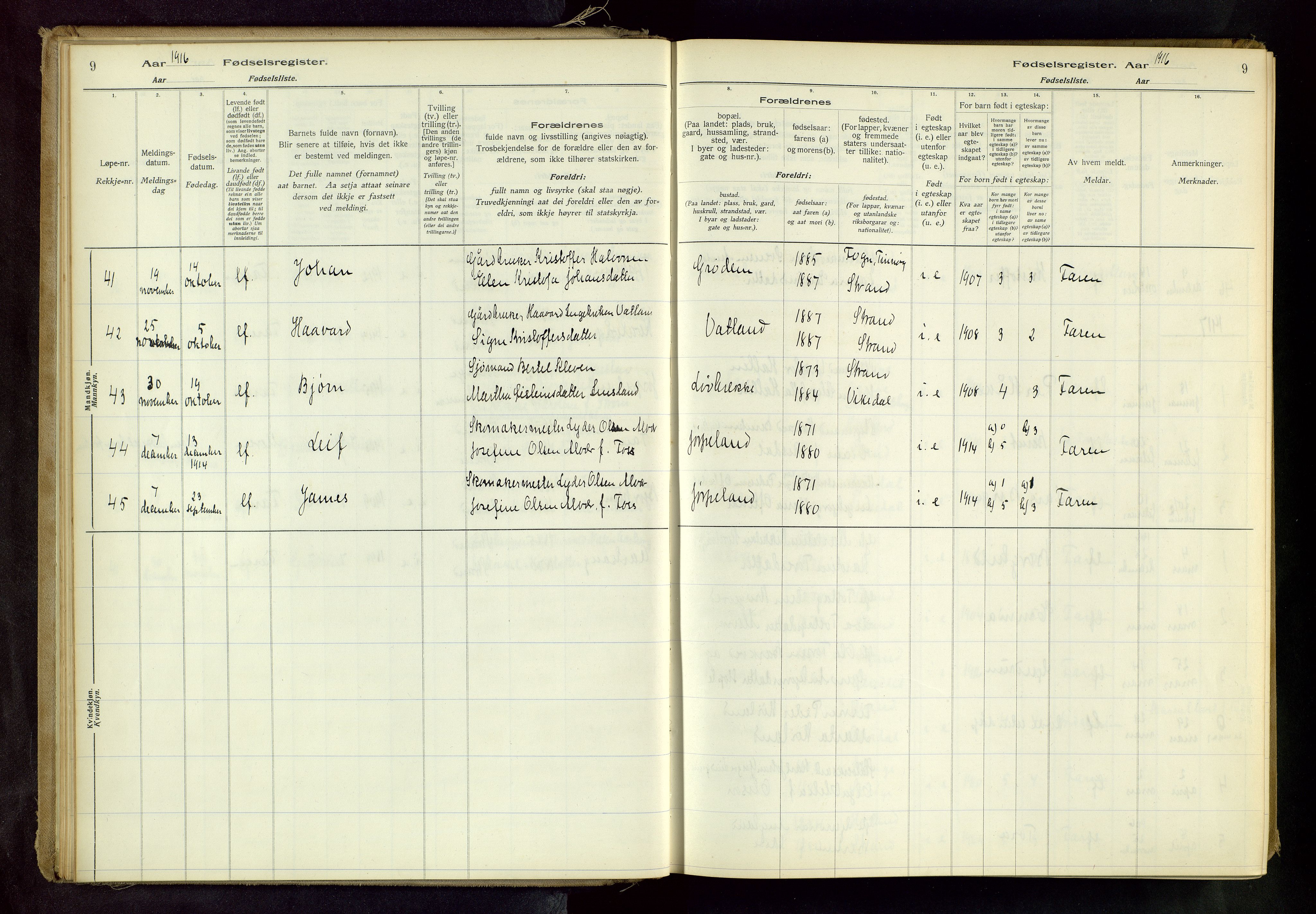 Strand sokneprestkontor, SAST/A-101828/I/Id/L0001: Fødselsregister nr. 1, 1916-1938, s. 9