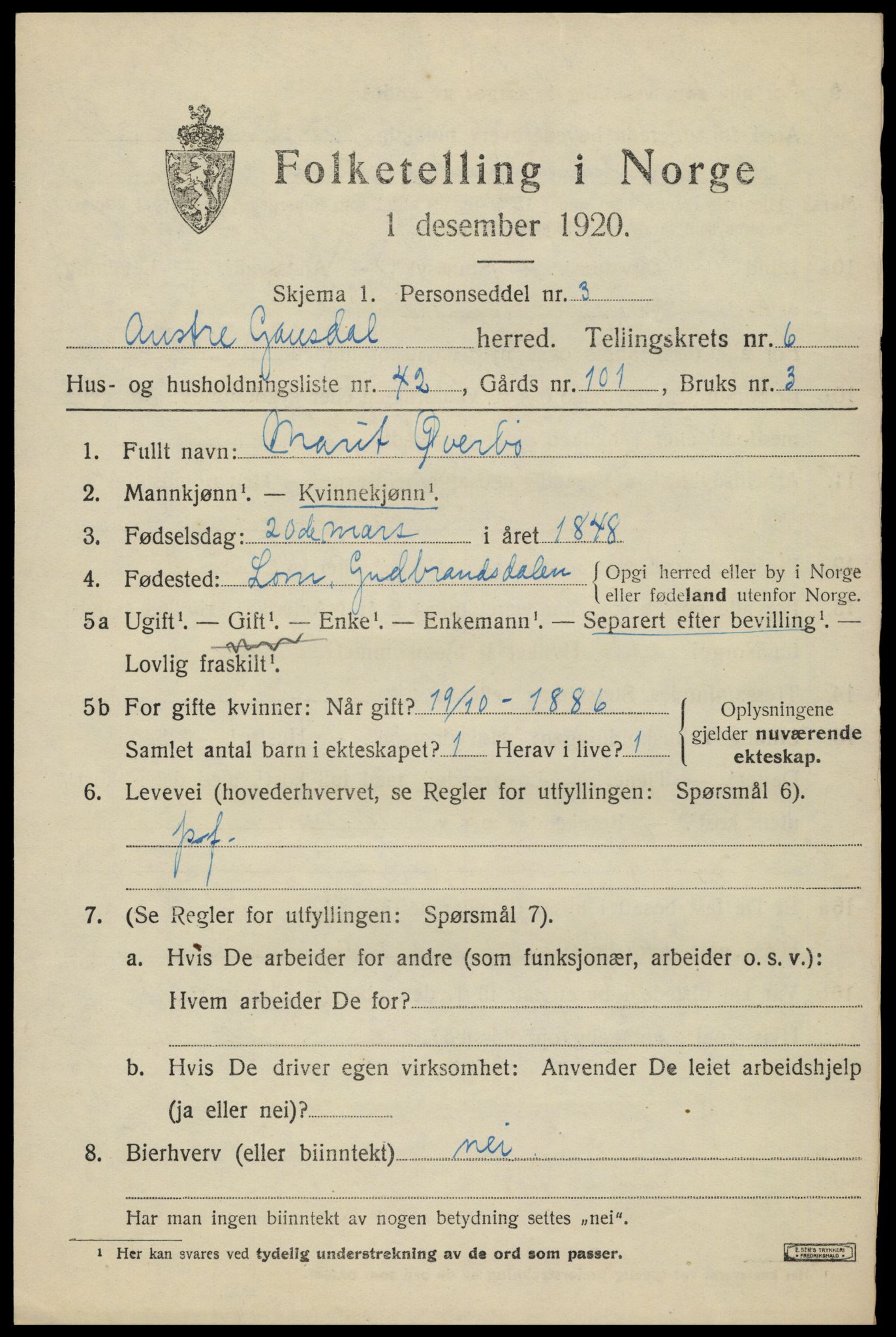 SAH, Folketelling 1920 for 0522 Østre Gausdal herred, 1920, s. 3846