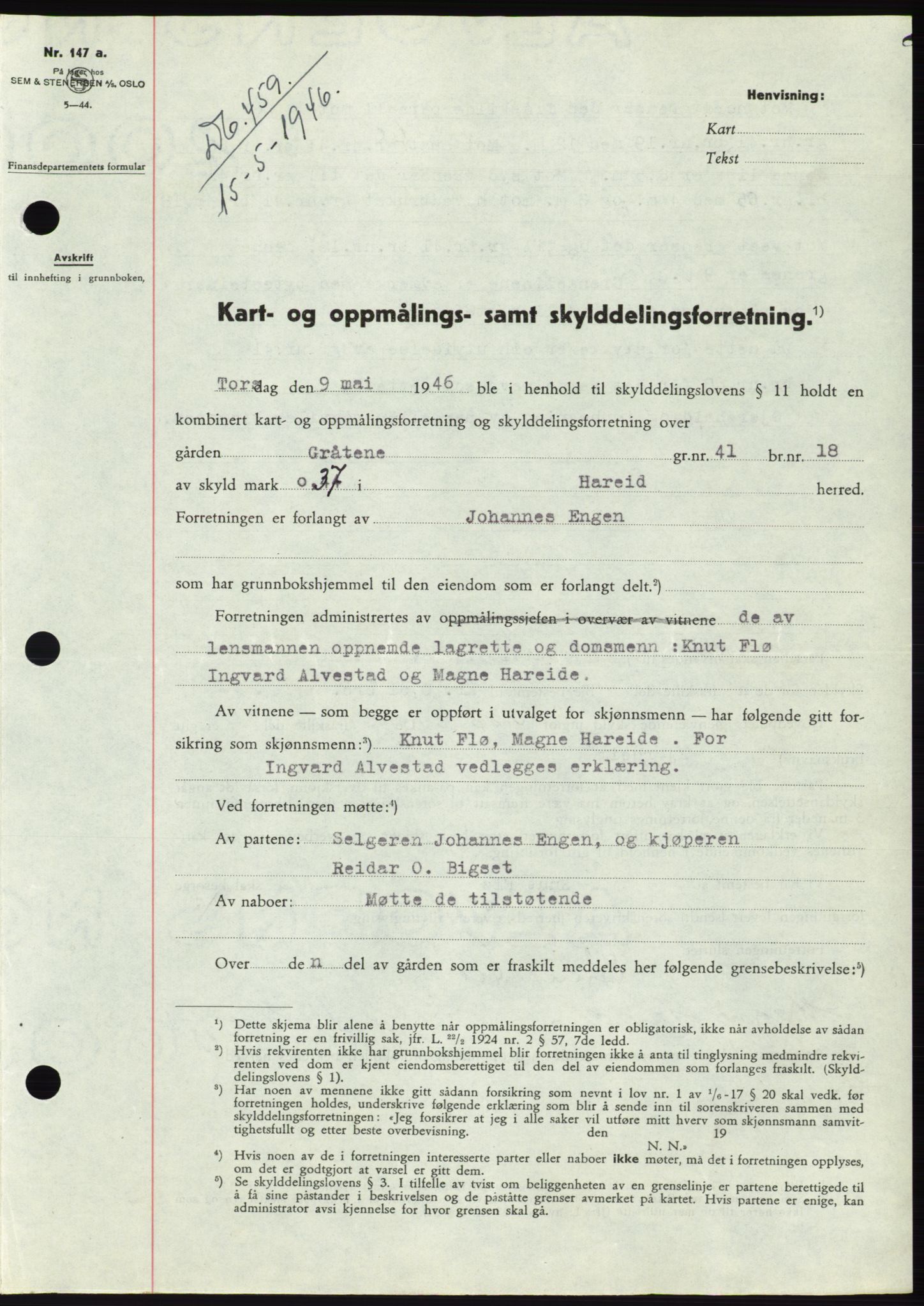 Søre Sunnmøre sorenskriveri, SAT/A-4122/1/2/2C/L0078: Pantebok nr. 4A, 1946-1946, Dagboknr: 459/1946