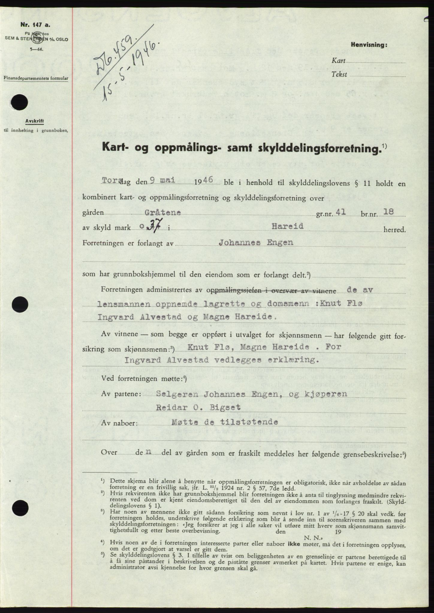 Søre Sunnmøre sorenskriveri, AV/SAT-A-4122/1/2/2C/L0078: Pantebok nr. 4A, 1946-1946, Dagboknr: 459/1946