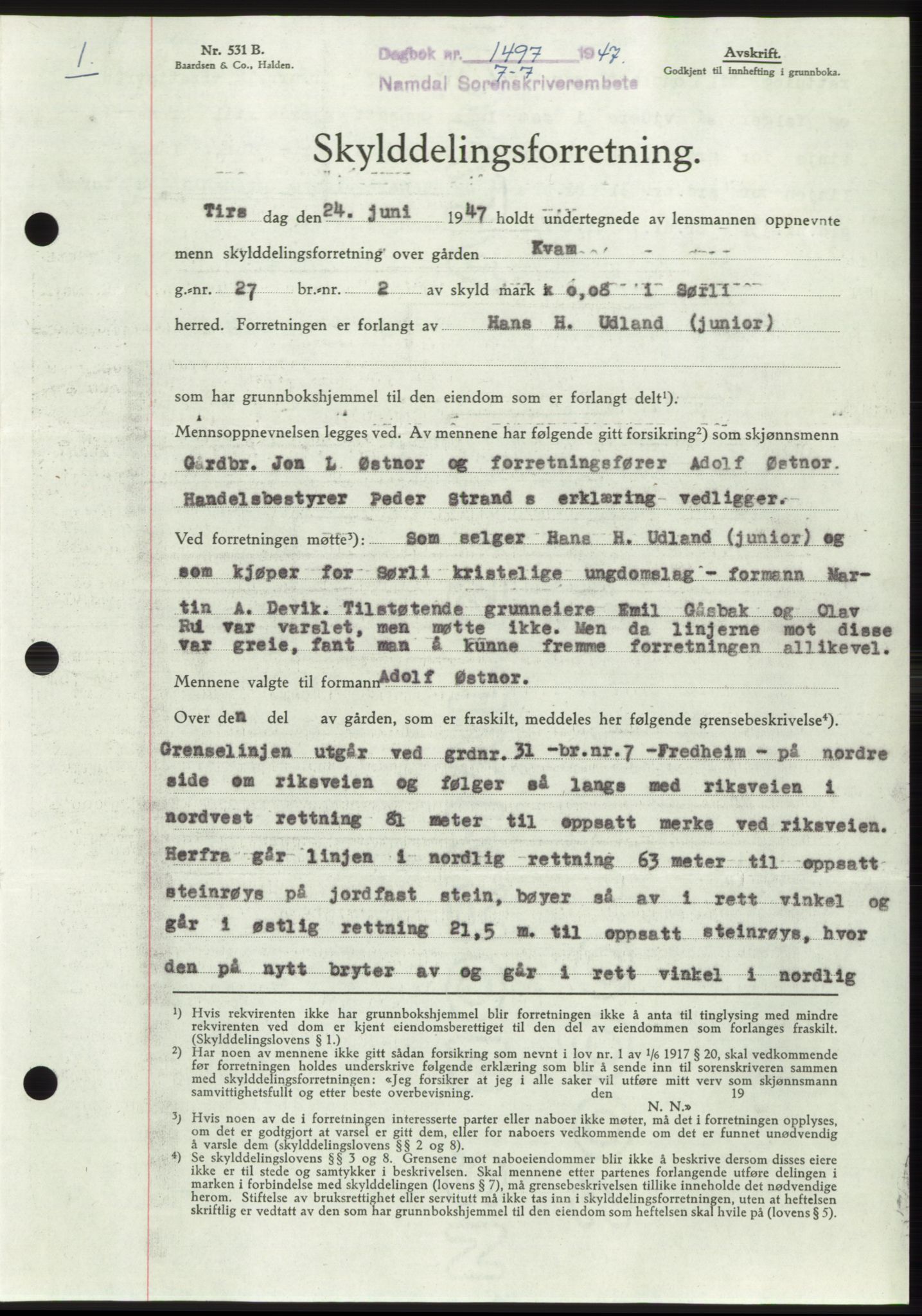 Namdal sorenskriveri, SAT/A-4133/1/2/2C: Pantebok nr. -, 1947-1947, Dagboknr: 1497/1947