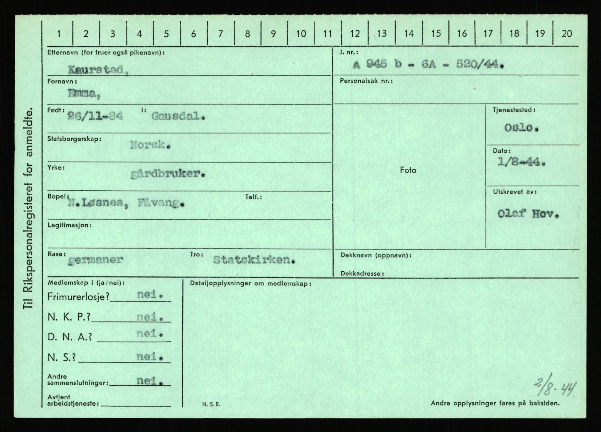 Statspolitiet - Hovedkontoret / Osloavdelingen, AV/RA-S-1329/C/Ca/L0008: Johan(nes)sen - Knoph, 1943-1945, s. 3924