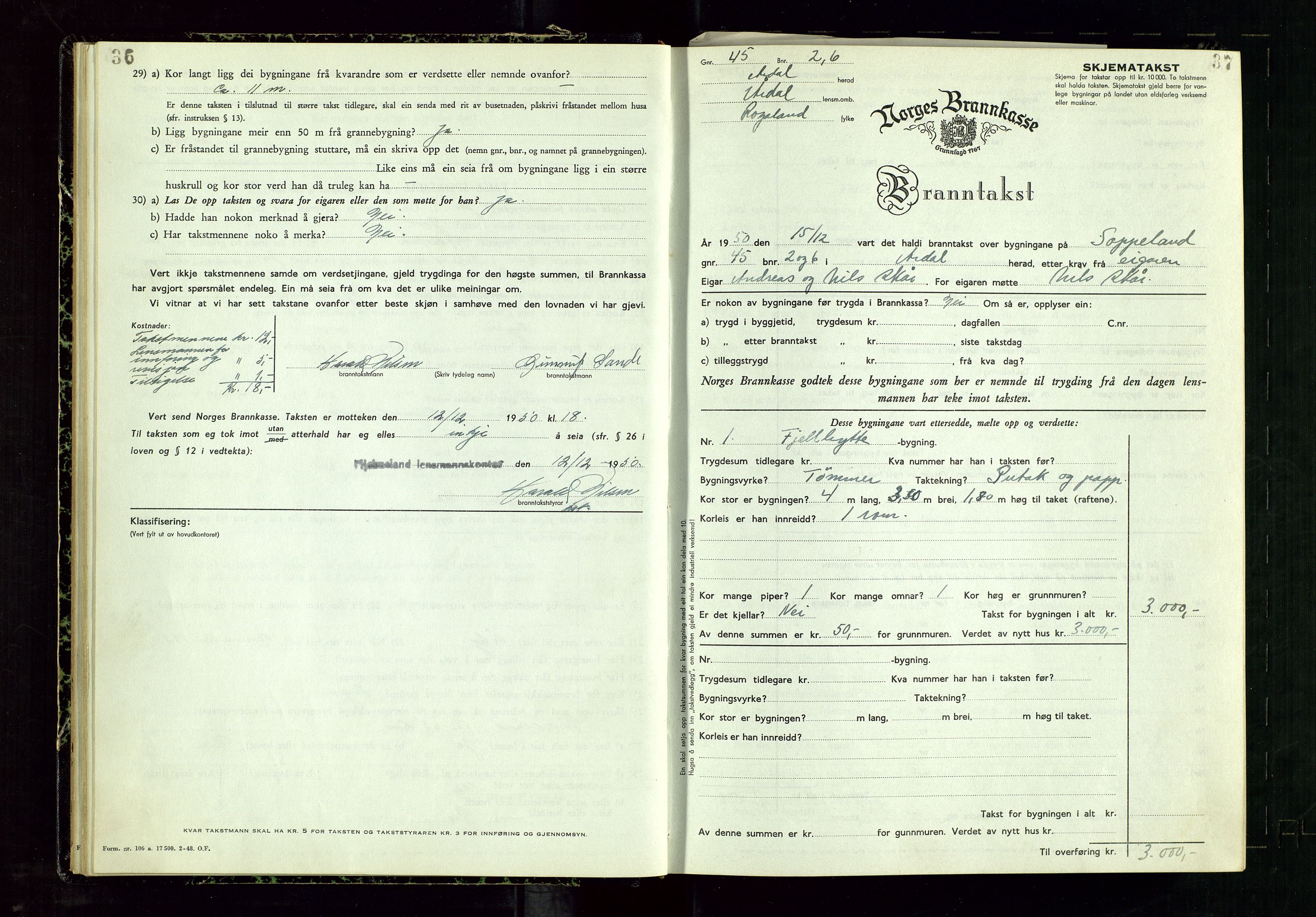 Årdal lensmannskontor, AV/SAST-A-100453/Gob/L0002: "Brandtaxationsprotokol", 1950-1955, s. 36-37