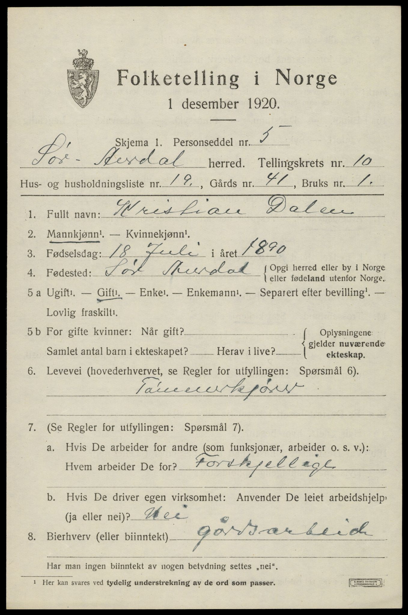 SAH, Folketelling 1920 for 0540 Sør-Aurdal herred, 1920, s. 5919