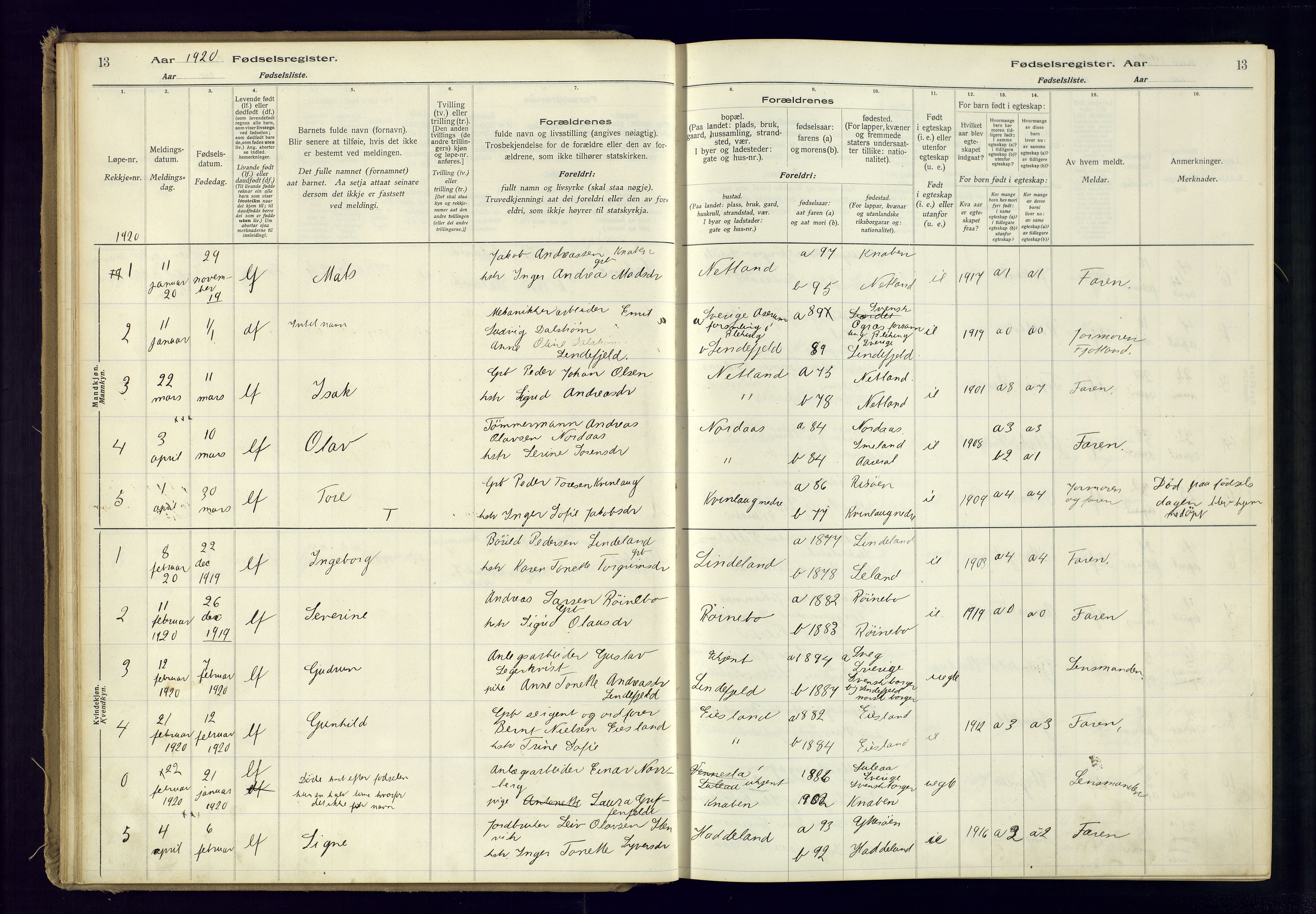 Fjotland sokneprestkontor, AV/SAK-1111-0010/J/Ja/L0001: Fødselsregister nr. 1, 1916-1981, s. 13