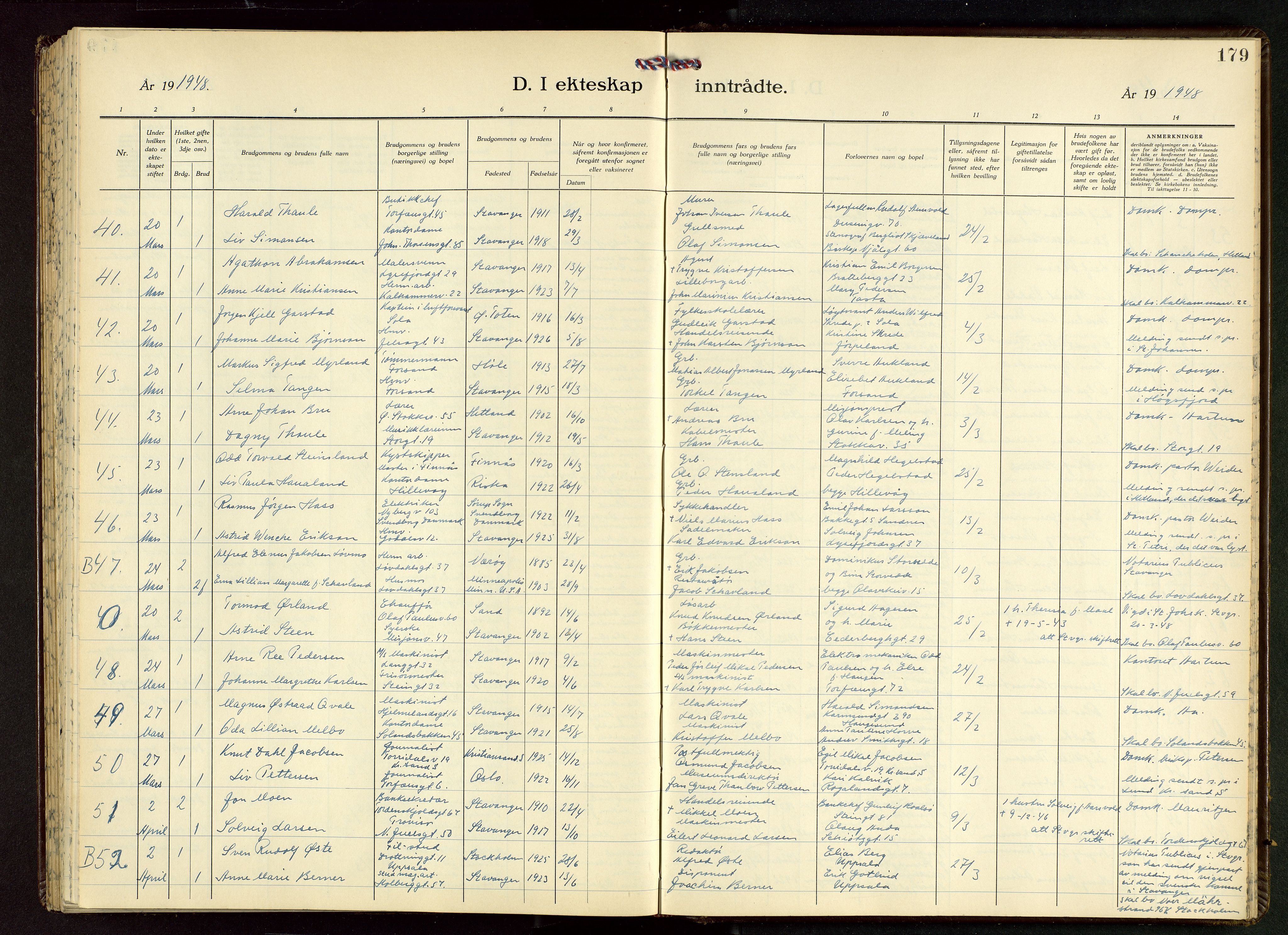 Domkirken sokneprestkontor, AV/SAST-A-101812/001/30/30BB/L0022: Klokkerbok nr. B 22, 1937-1949, s. 179