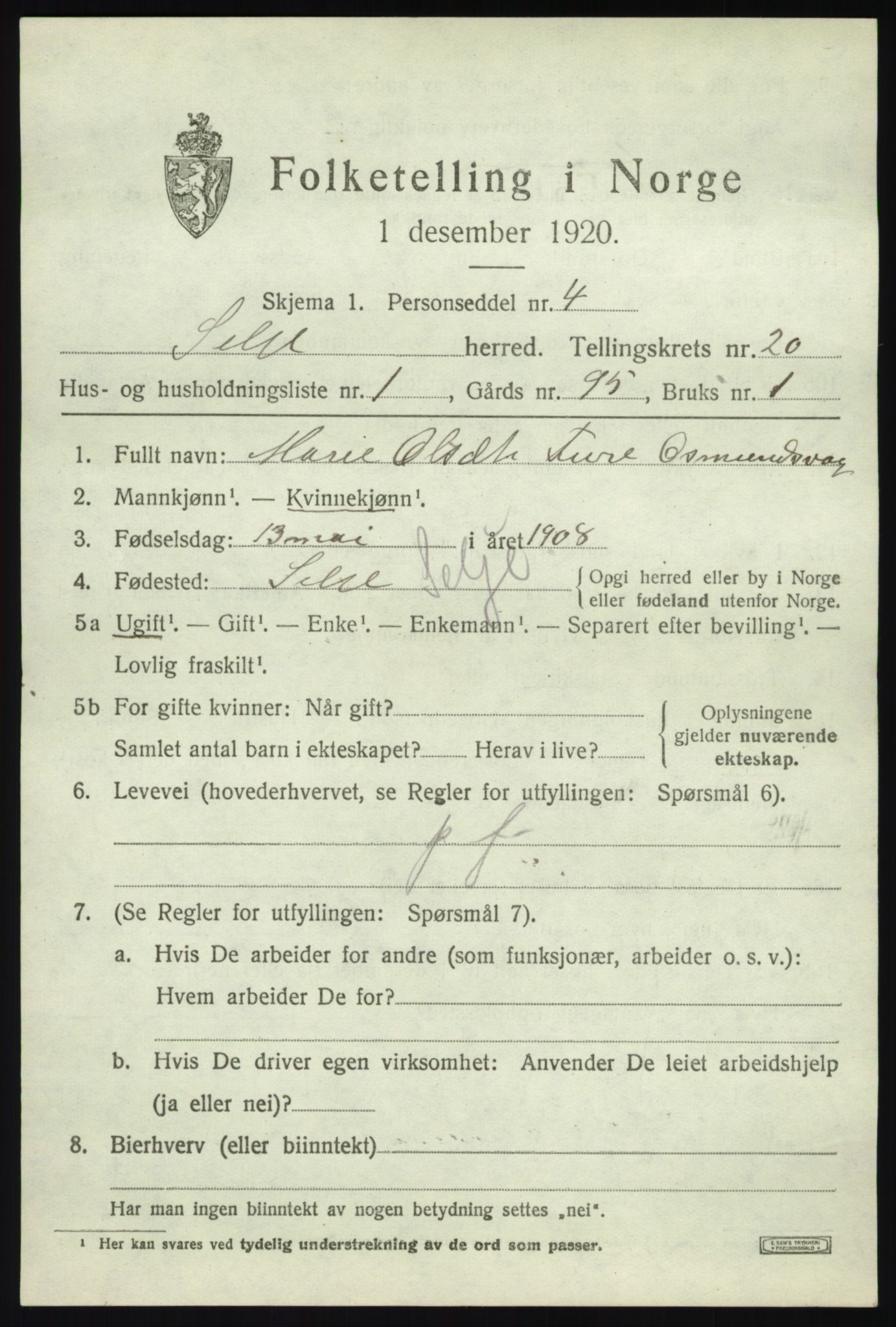 SAB, Folketelling 1920 for 1441 Selje herred, 1920, s. 8491