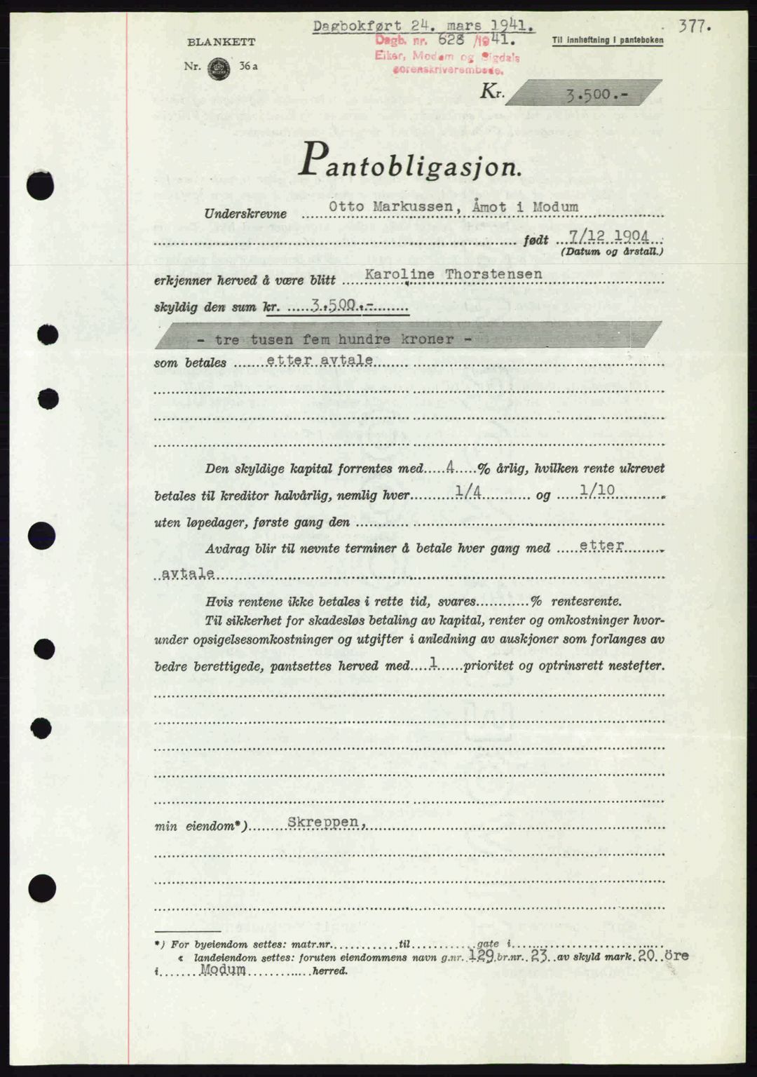 Eiker, Modum og Sigdal sorenskriveri, SAKO/A-123/G/Ga/Gab/L0043: Pantebok nr. A13, 1940-1941, Dagboknr: 628/1941