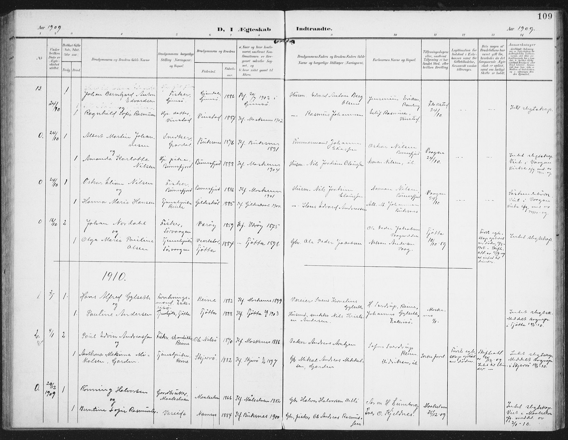 Ministerialprotokoller, klokkerbøker og fødselsregistre - Nordland, AV/SAT-A-1459/886/L1221: Ministerialbok nr. 886A03, 1903-1913, s. 109