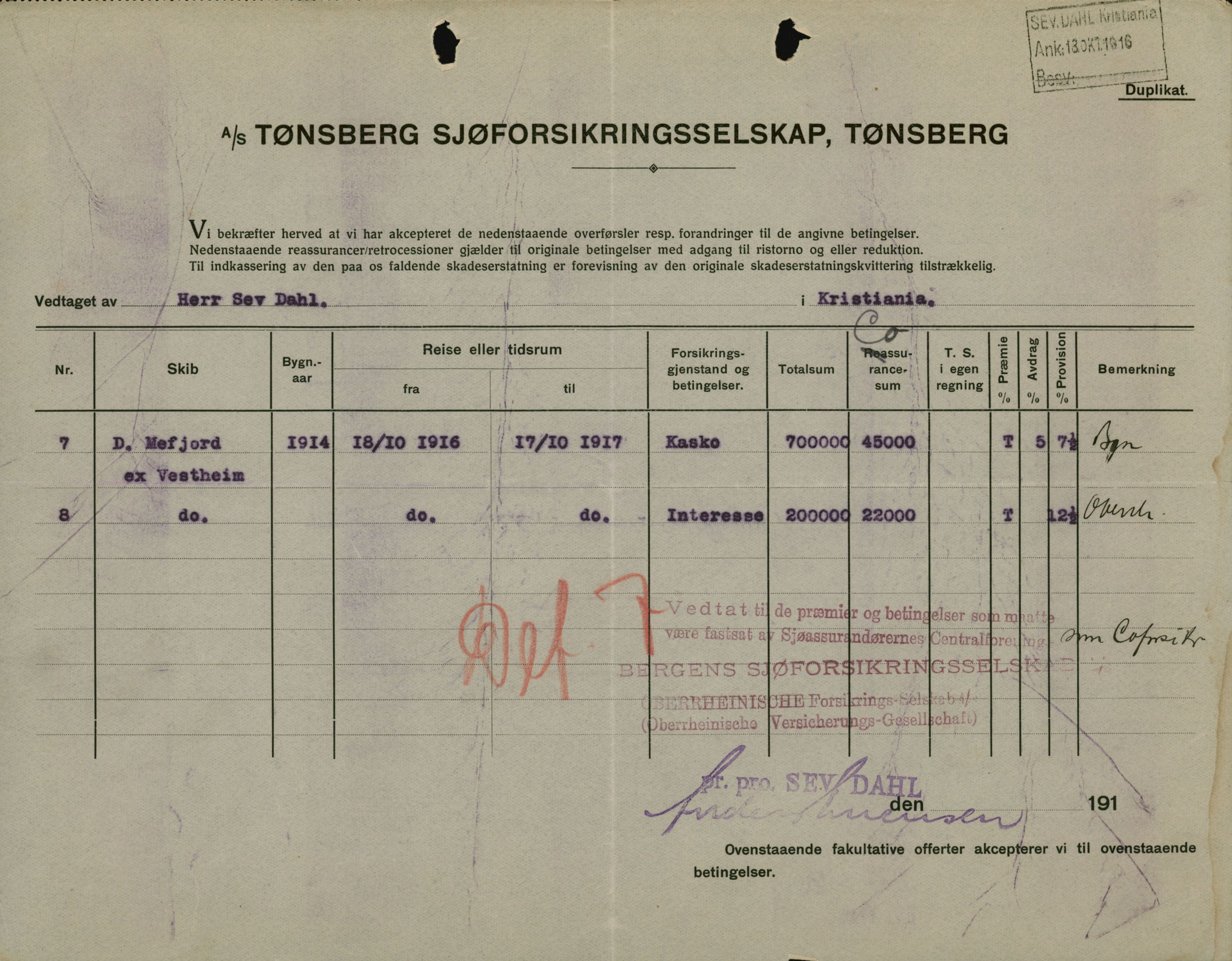 Pa 664 - Tønsberg Sjøforsikringsselskap, VEMU/A-1773/F/L0001: Forsikringspoliser, 1915-1918