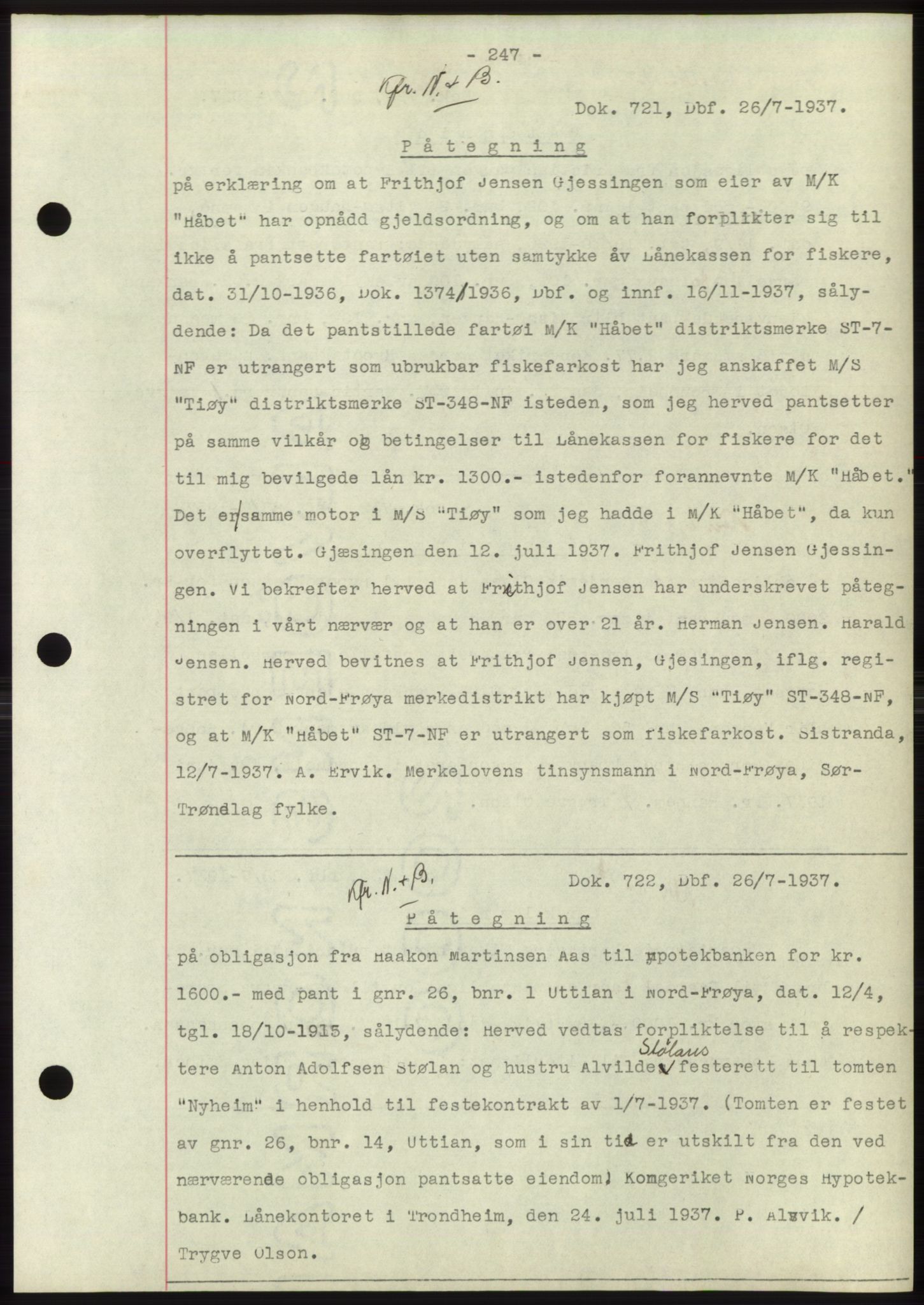 Hitra sorenskriveri, AV/SAT-A-0018/2/2C/2Ca: Pantebok nr. C1, 1936-1945, Dagboknr: 721/1937