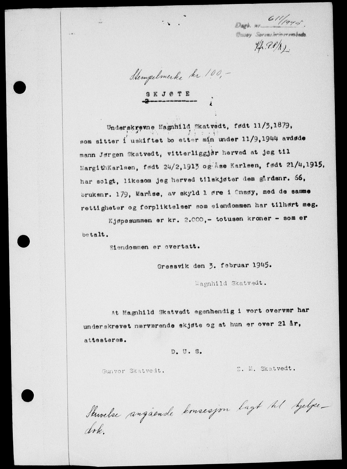 Onsøy sorenskriveri, SAO/A-10474/G/Ga/Gab/L0014: Pantebok nr. II A-14, 1944-1945, Dagboknr: 611/1945