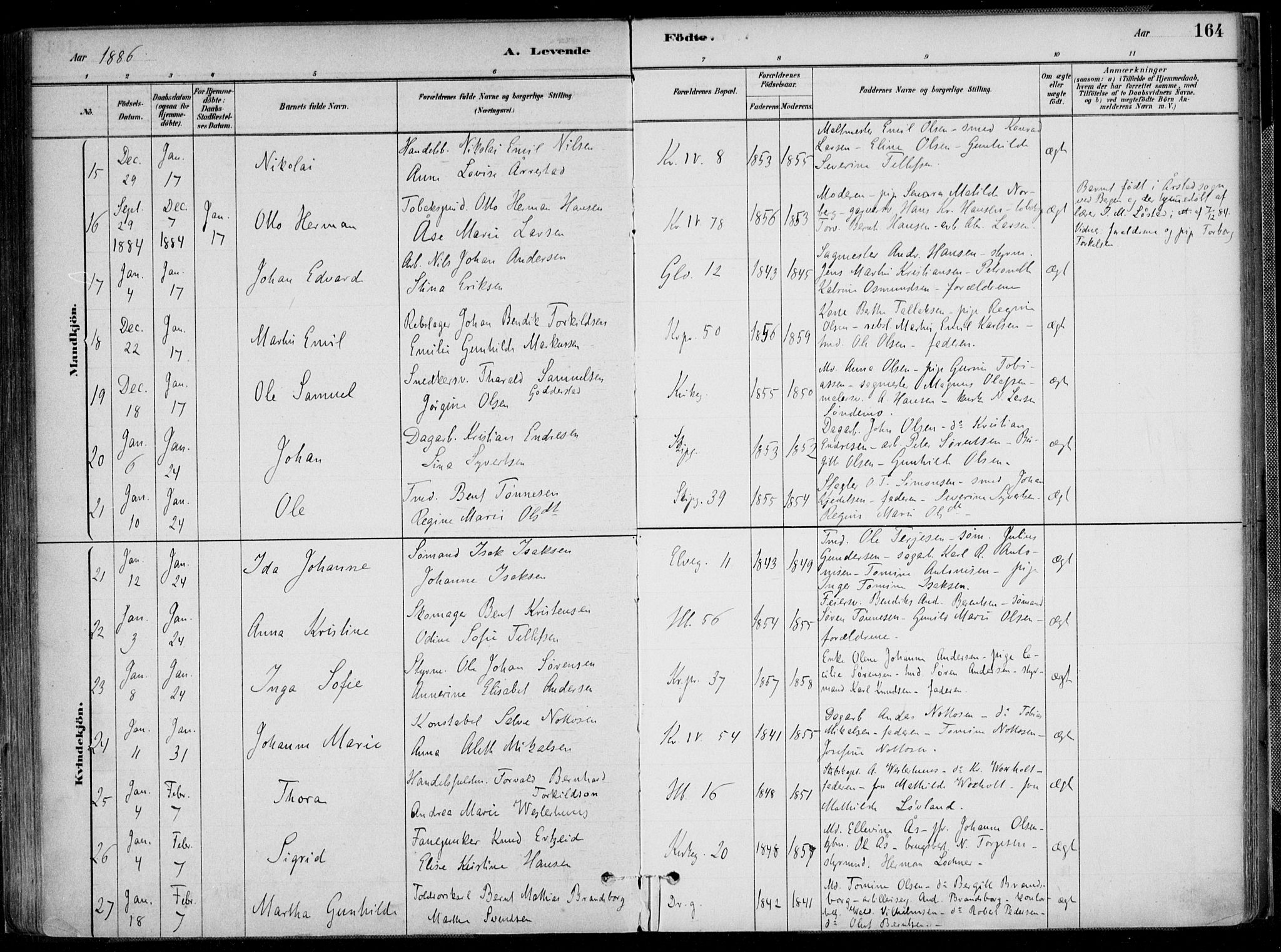 Kristiansand domprosti, AV/SAK-1112-0006/F/Fa/L0016: Ministerialbok nr. A 16A, 1880-1890, s. 164
