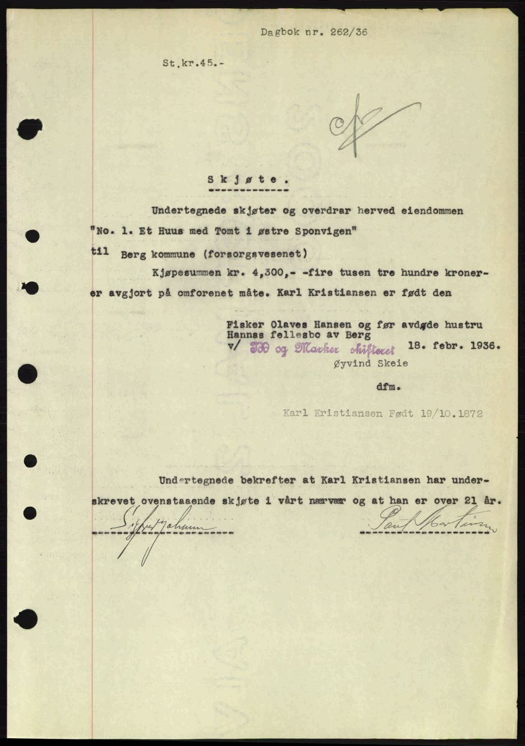 Idd og Marker sorenskriveri, AV/SAO-A-10283/G/Gb/Gbb/L0001: Pantebok nr. A1, 1936-1937, Dagboknr: 262/1936