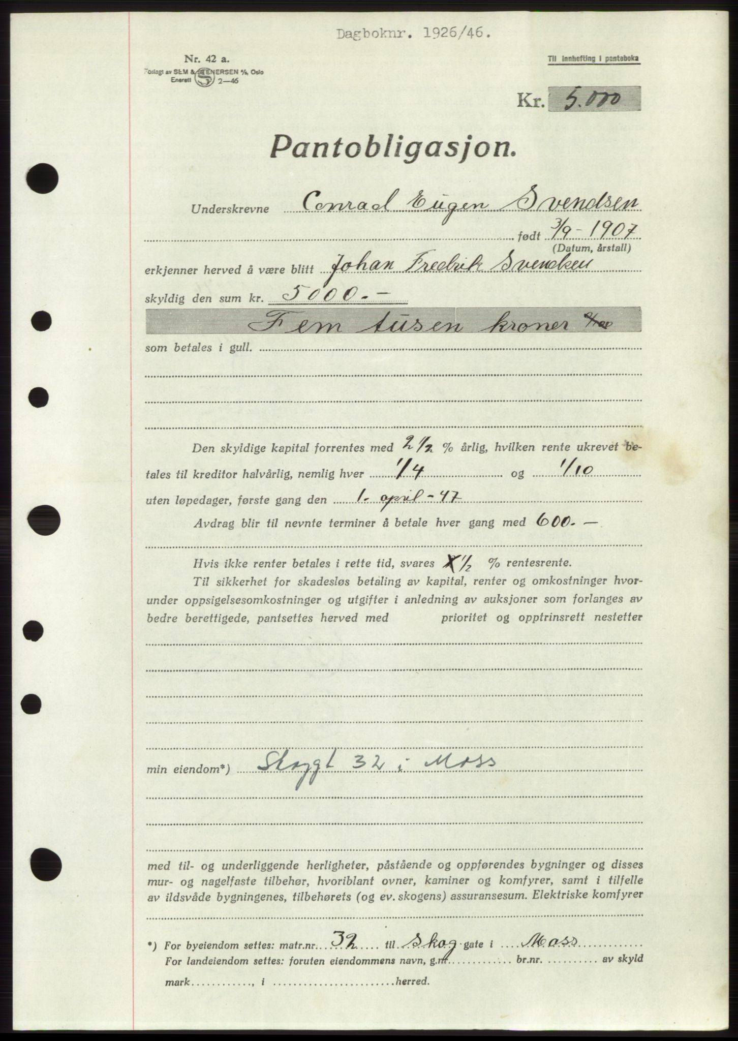 Moss sorenskriveri, SAO/A-10168: Pantebok nr. B15, 1946-1946, Dagboknr: 1926/1946