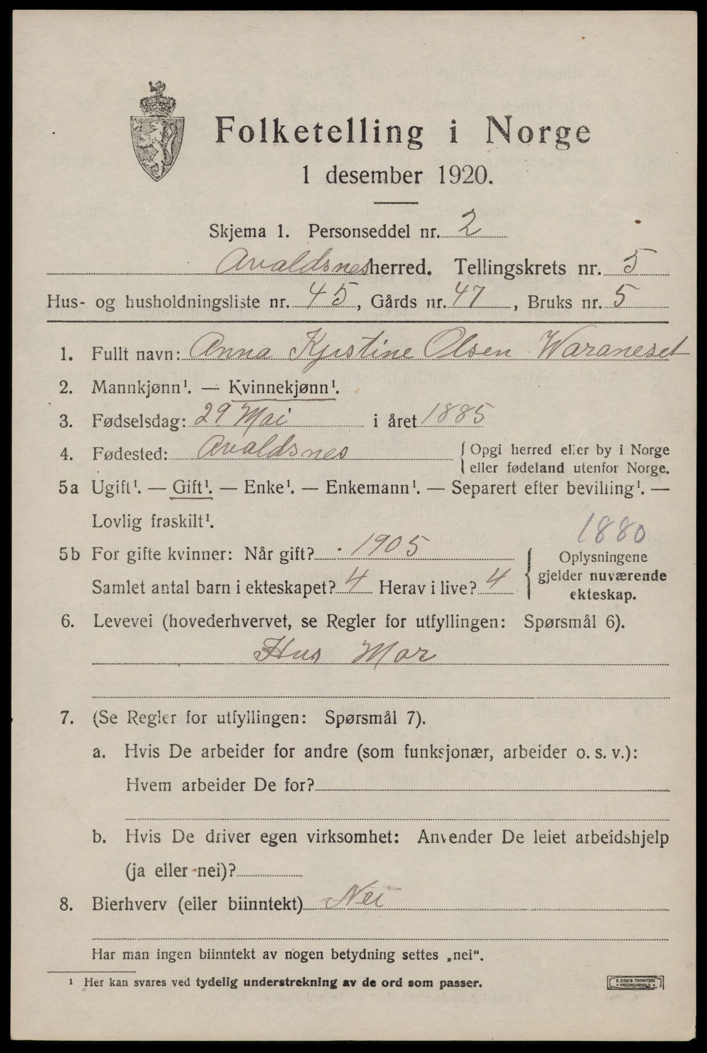SAST, Folketelling 1920 for 1147 Avaldsnes herred, 1920, s. 5637