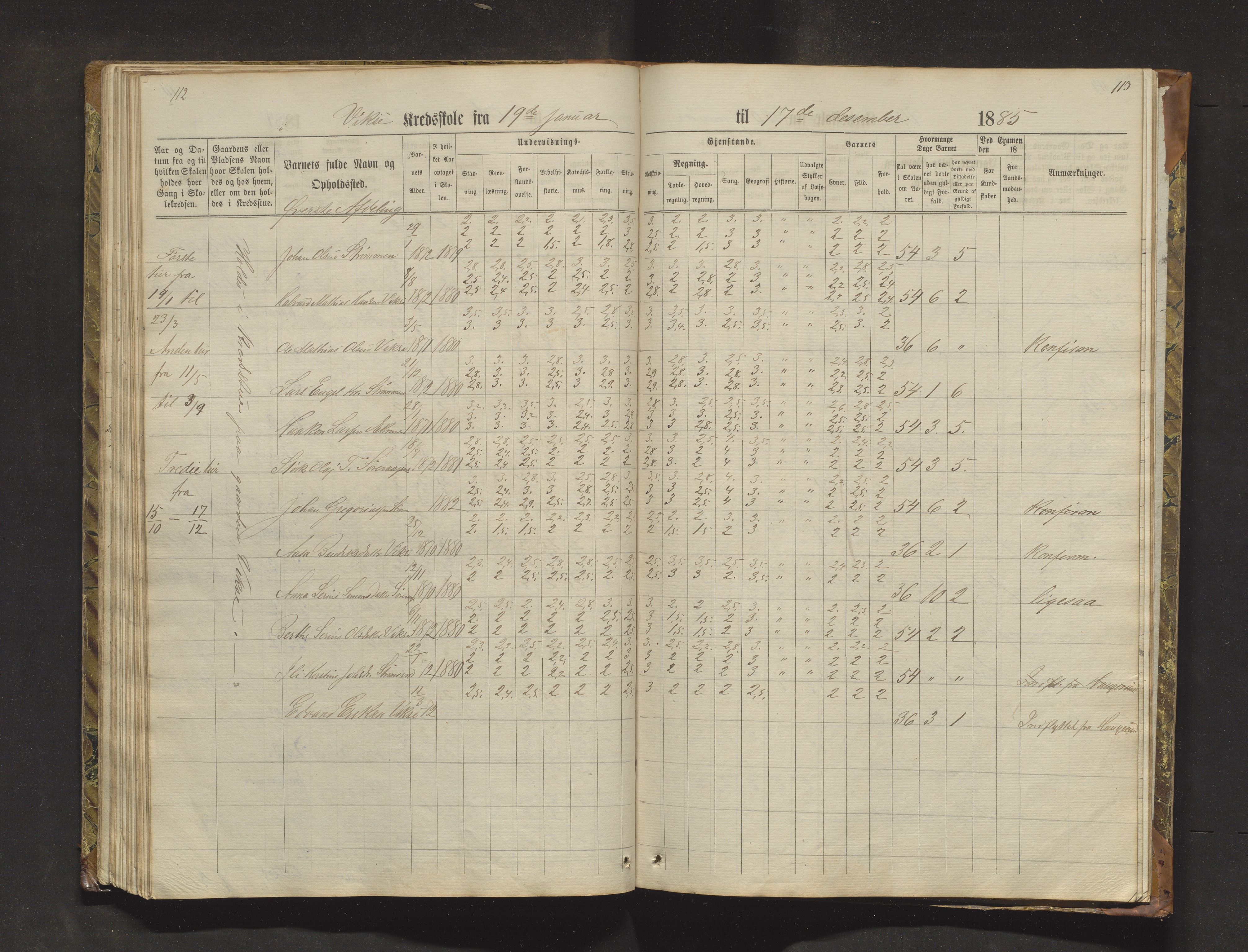 Sveio kommune. Barneskulane, IKAH/1216-231/F/Fa/L0018: Skuleprotokoll for Nordre Våge, Eilerås, Våge og Vikse krinsskular, 1870-1889, s. 112-113