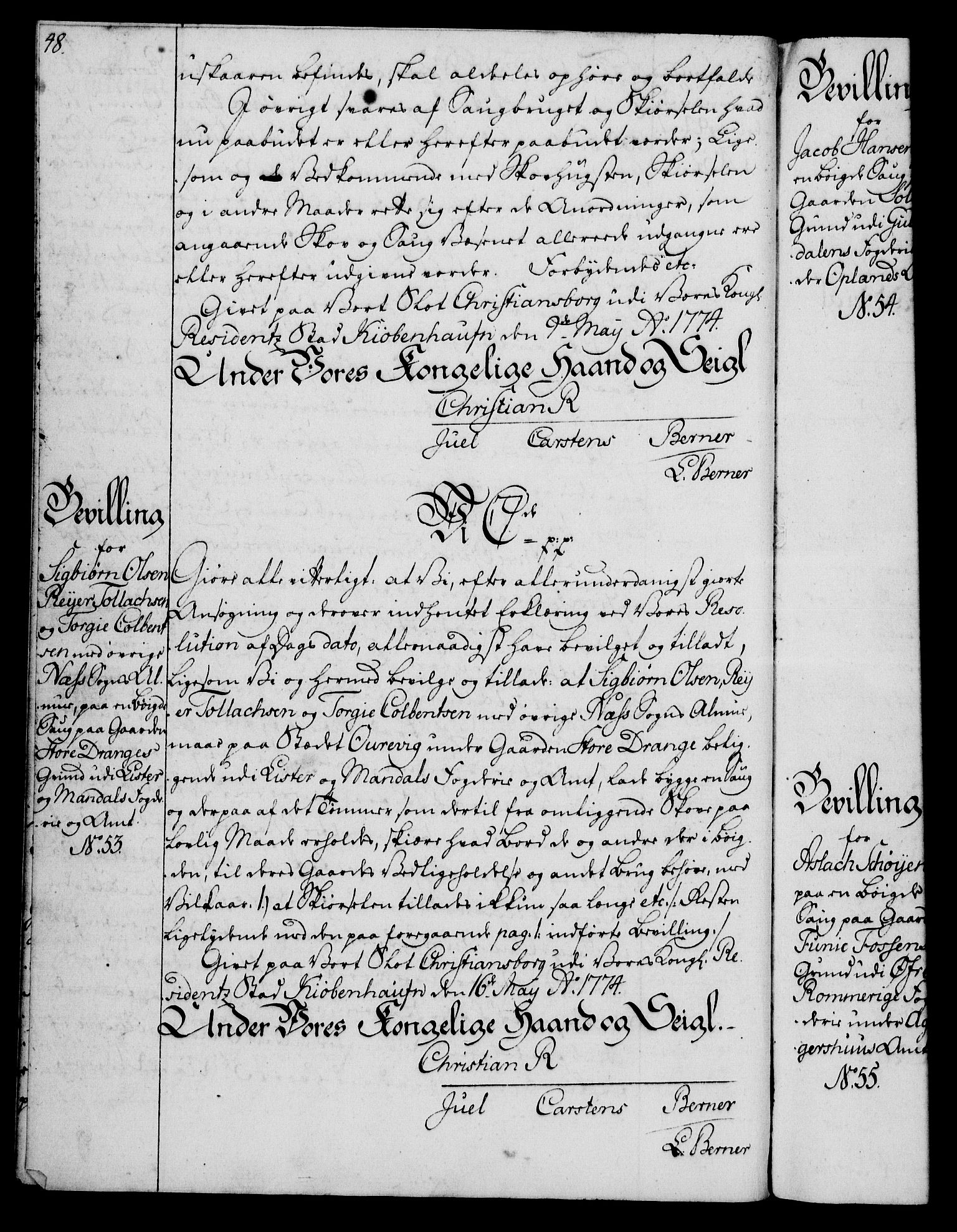 Rentekammeret, Kammerkanselliet, AV/RA-EA-3111/G/Gg/Gga/L0010: Norsk ekspedisjonsprotokoll med register (merket RK 53.10), 1773-1778, s. 48