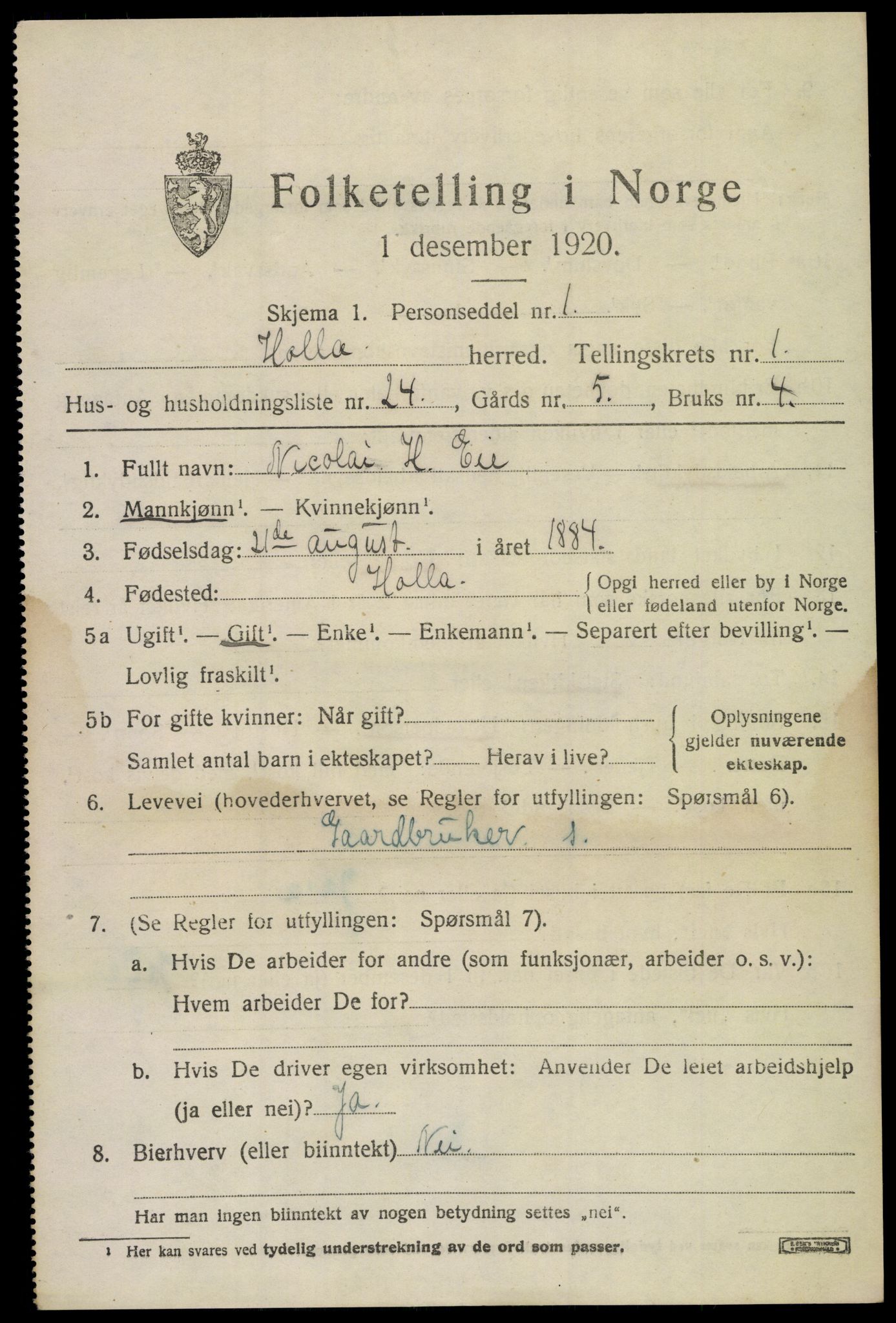 SAKO, Folketelling 1920 for 0819 Holla herred, 1920, s. 1605