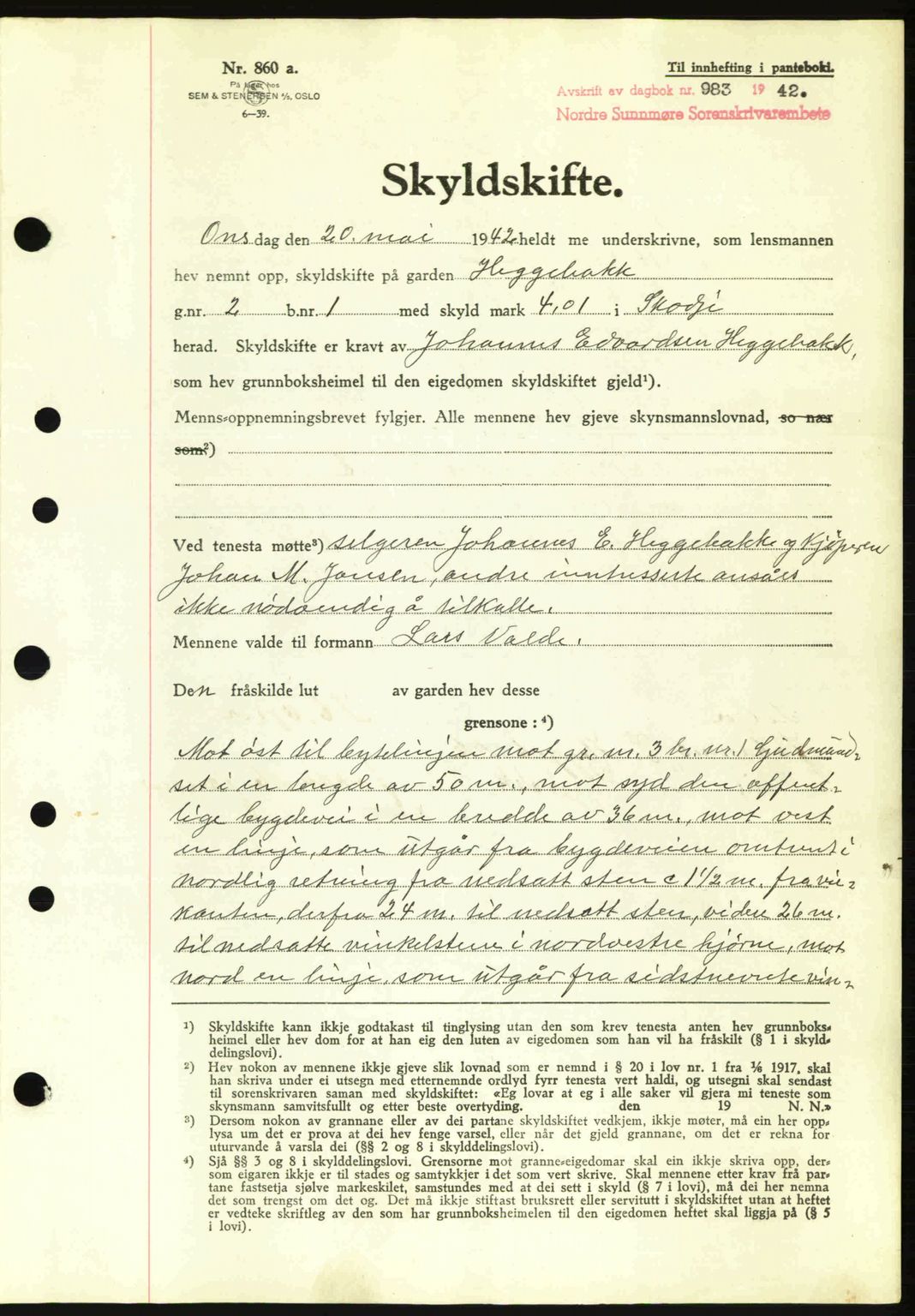 Nordre Sunnmøre sorenskriveri, AV/SAT-A-0006/1/2/2C/2Ca: Pantebok nr. A13, 1942-1942, Dagboknr: 983/1942