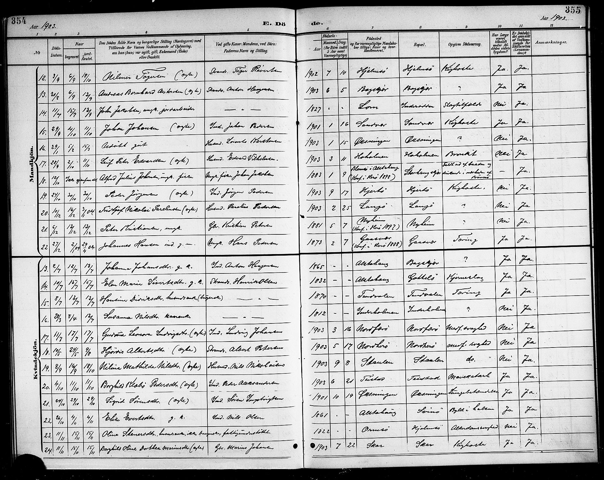 Ministerialprotokoller, klokkerbøker og fødselsregistre - Nordland, AV/SAT-A-1459/834/L0516: Klokkerbok nr. 834C06, 1902-1918, s. 354-355