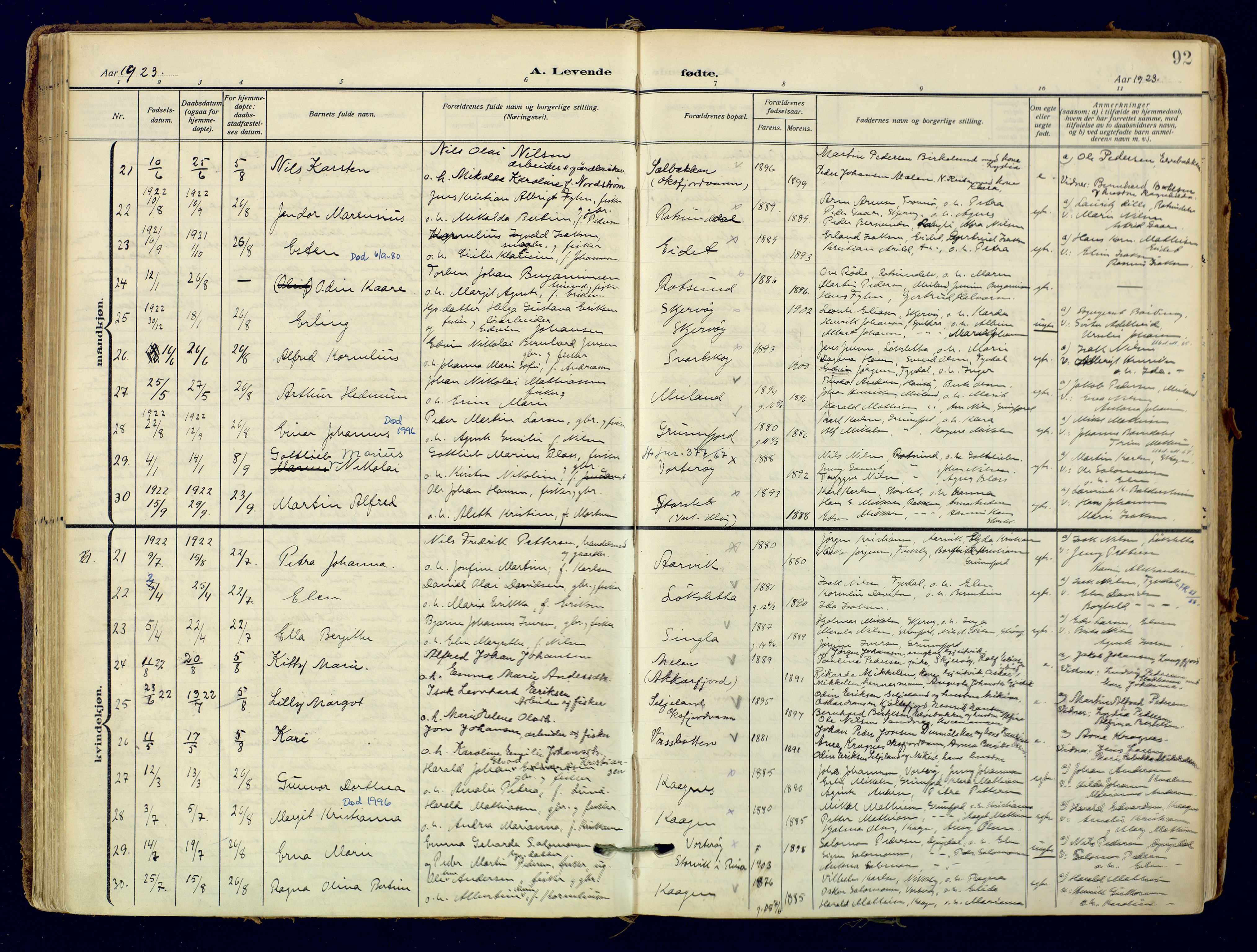 Skjervøy sokneprestkontor, AV/SATØ-S-1300/H/Ha/Haa: Ministerialbok nr. 18, 1910-1926, s. 92